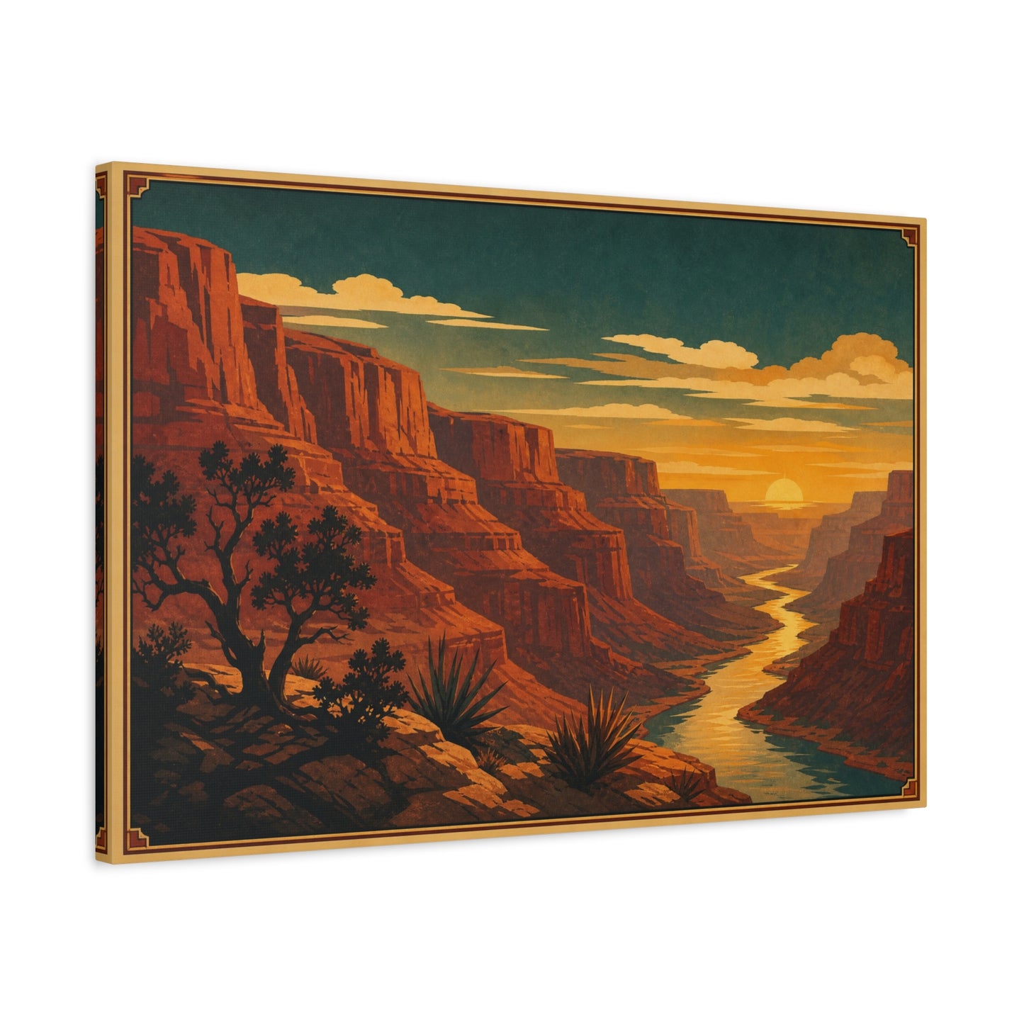Desert Canyon Sunset Canvas Wall Art - Southwestern River Landscape Print, Vintage Travel Style - Golden Sky, Rustic Home Decor, Living Room Decoration - Ready to Hang - Living Room Wall Decor