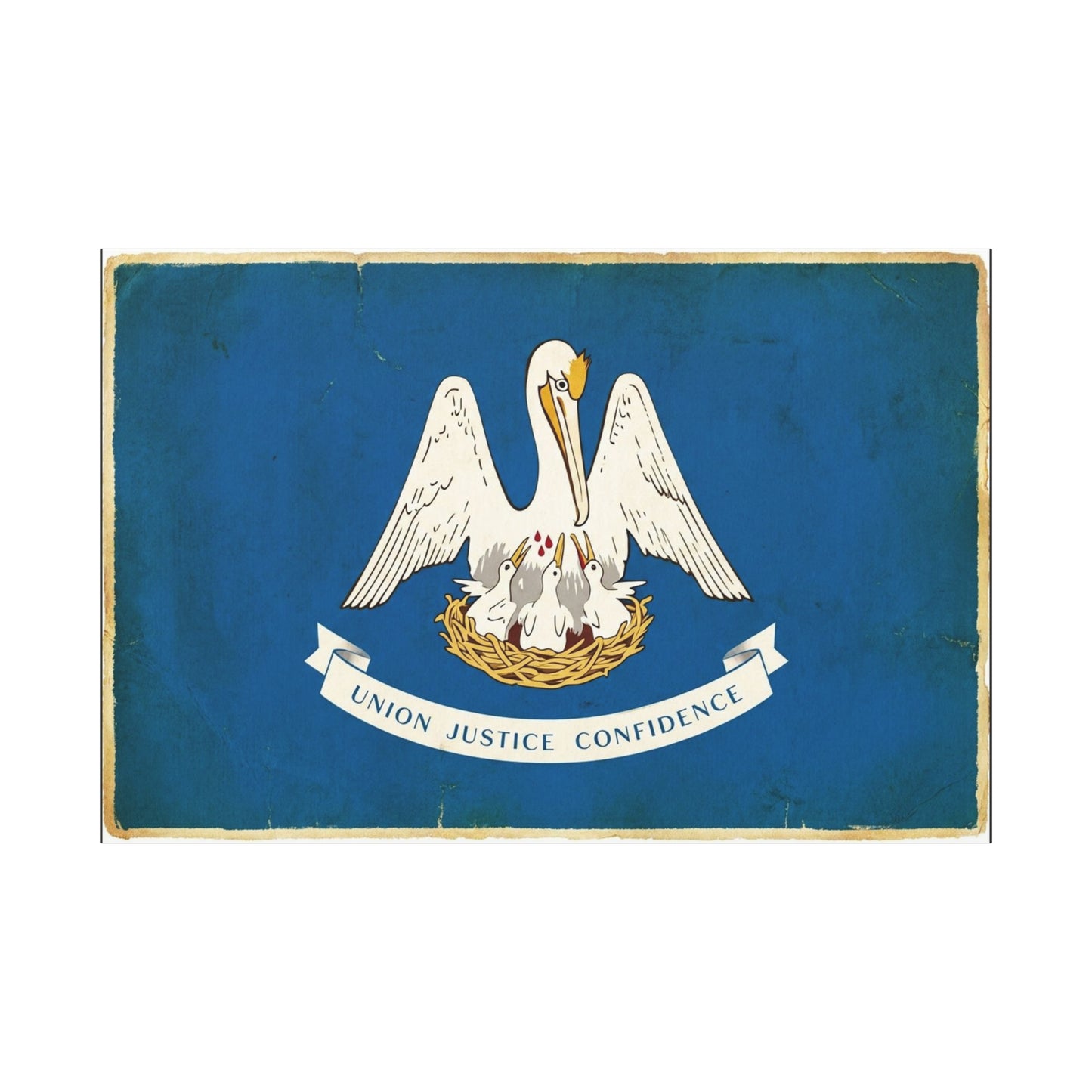 "Union Justice Confidence" Louisiana State Flag Canvas Wall Art - Vintage Pelican Crest Print, Distressed Blue Banner, Patriotic Traditional Decor - Living Room Office Wall Decor - Ready to Hang