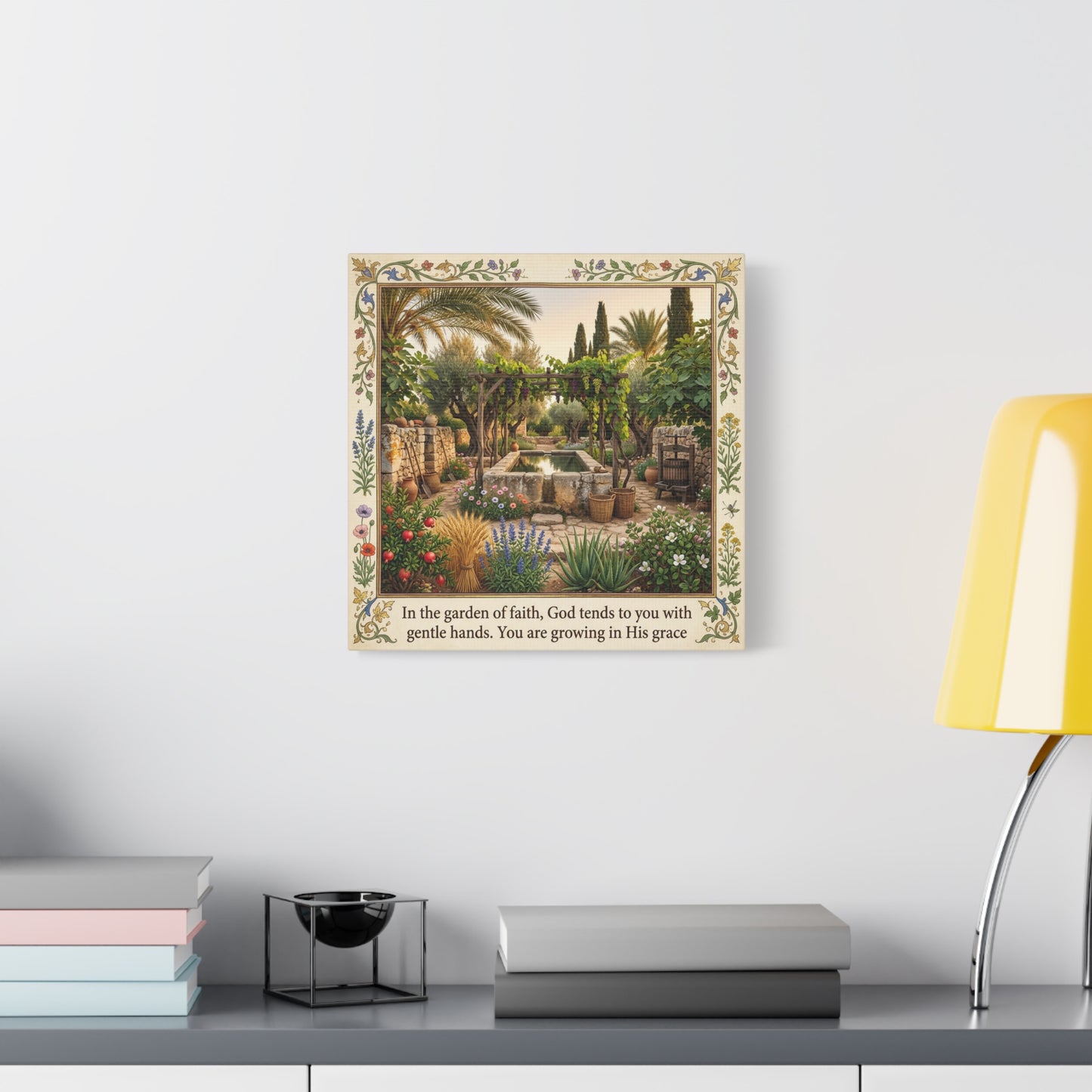 "In The Garden Of Faith, God Tends To You" Canvas Wall Art - Biblical Garden Scripture Print, Floral Border, Rustic Mediterranean Courtyard Scene - Christian Home Decor For Living Room - Ready to Hang