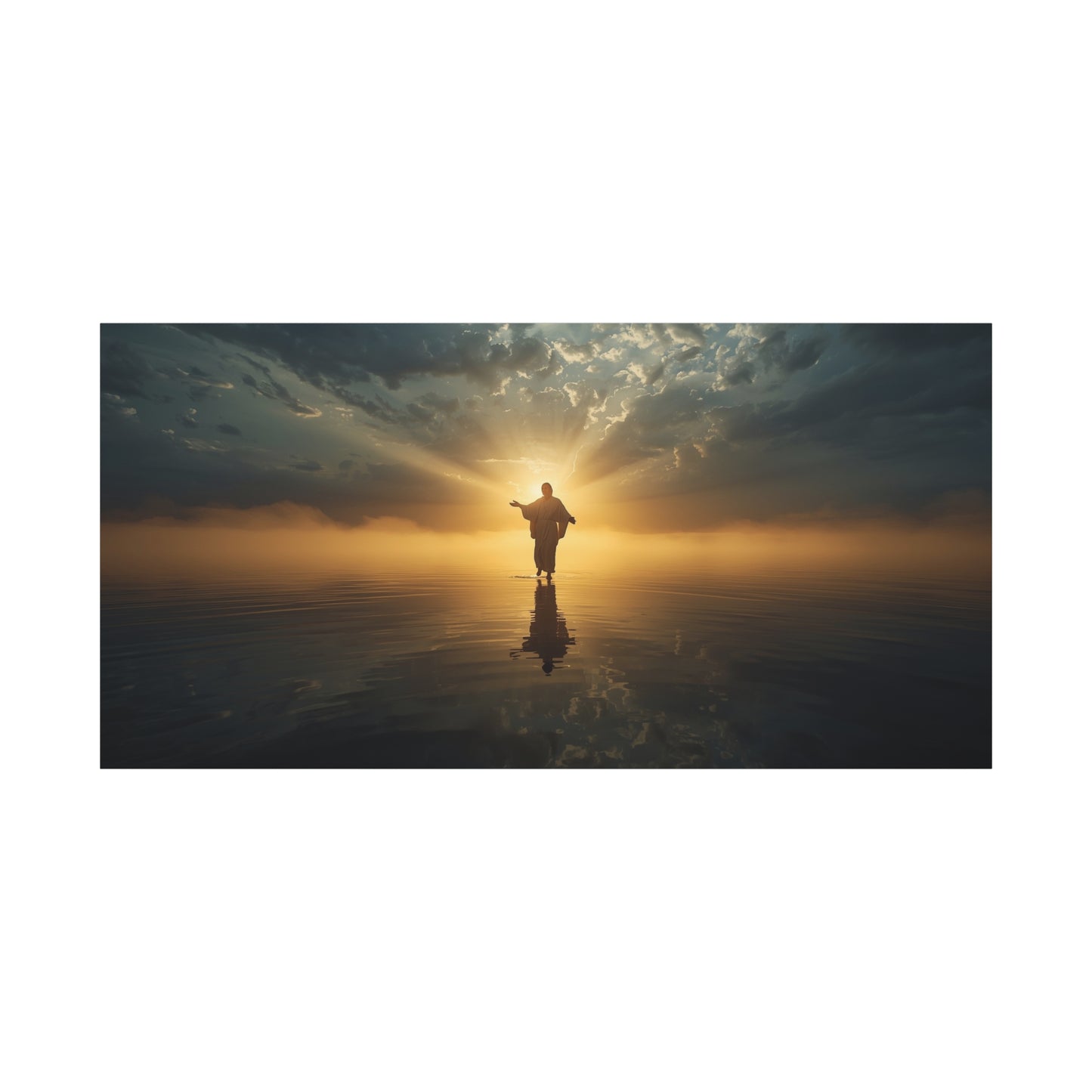 Jesus Christ Canvas Wall Art - Walking On Water At Sunrise, Dramatic Sky Reflection - Matte Cotton Print - Religious Home Decor For Living Room, Bedroom, Office Wall Accent - Bedroom Home Decoration