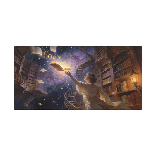 "CORZ" Fantasy Library Canvas Wall Art - Woman Reaching For Floating Book, Celestial Bookshelves, Spiral Staircase - Matte Cotton Print - Surreal Reading Room Decor, Office Art - Workspace Wall Decor