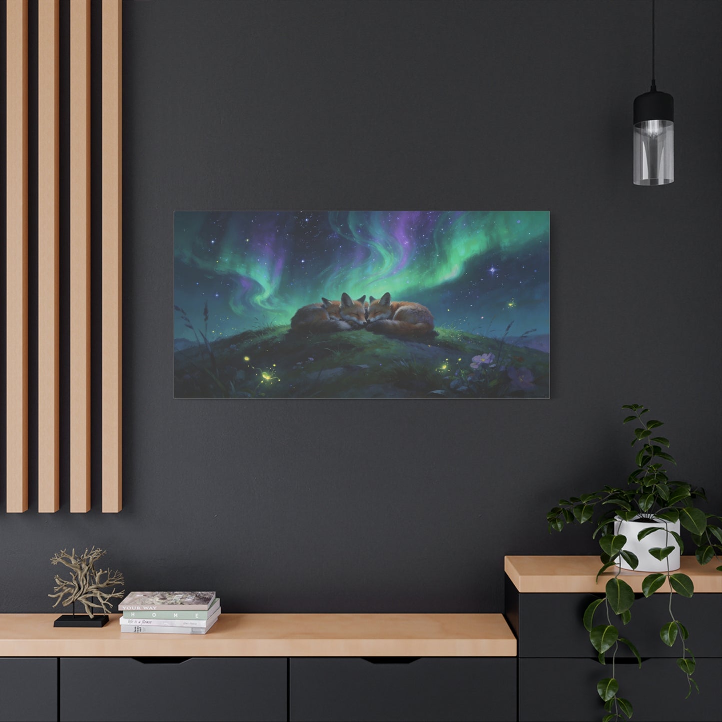 Sleeping Red Foxes Canvas Wall Art - Aurora Borealis Night Sky Animal Print - Dreamy Matte Canvas Print, Whimsical Wildlife Style - Bedroom Home Decoration, Nursery Wall Hanging - Ready to Hang
