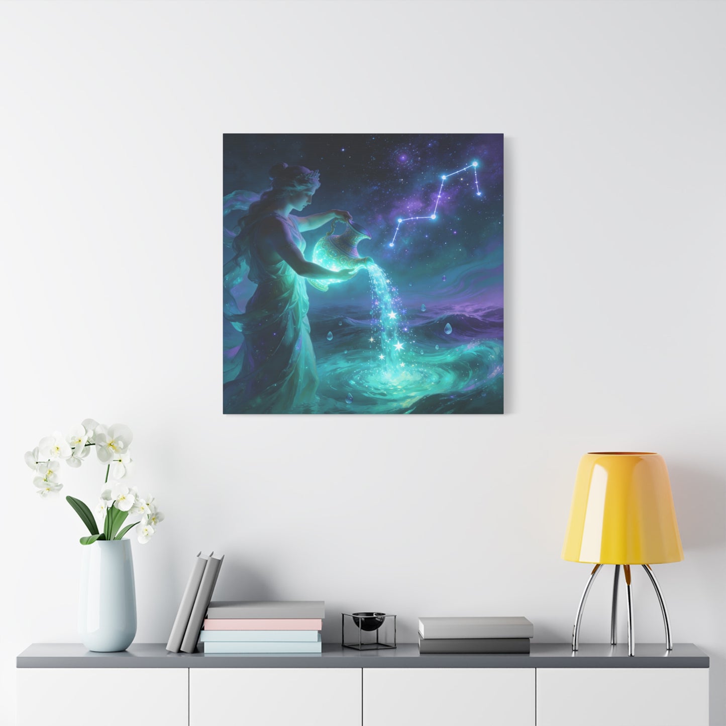 Aquarius Goddess Canvas Wall Art - Zodiac Water Bearer Celestial Galaxy Illustration - Mystical Purple Blue Fantasy Decor - Bedroom Home Decoration, Living Room Wall Decor - Bedroom Home Decoration