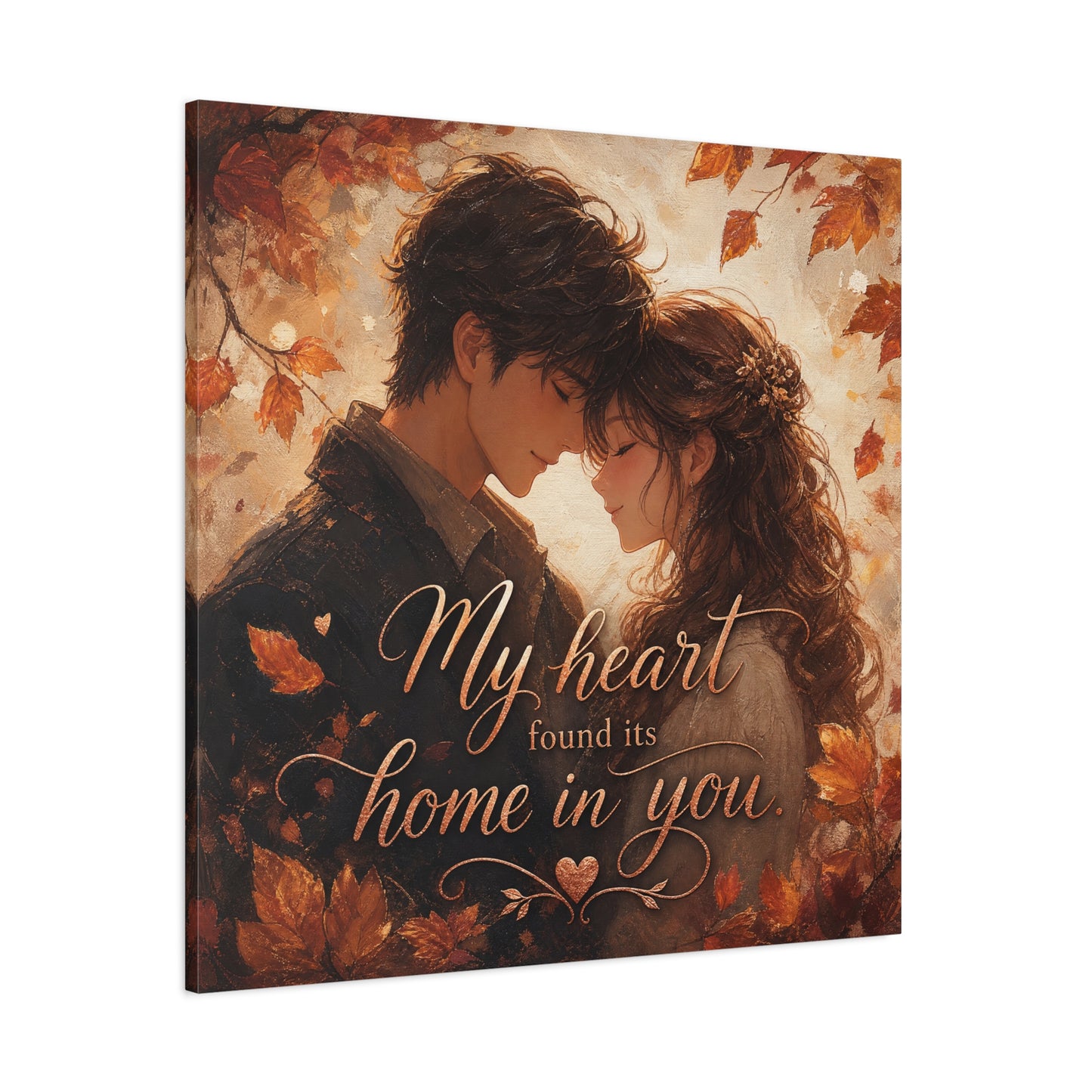 "My Heart Found Its Home In You" Romantic Couple Canvas Wall Art - Autumn Leaves Love Quote Print, Warm Rustic Traditional Style - Bedroom Wall Decor - Ready to Hang - Bedroom Home Decoration