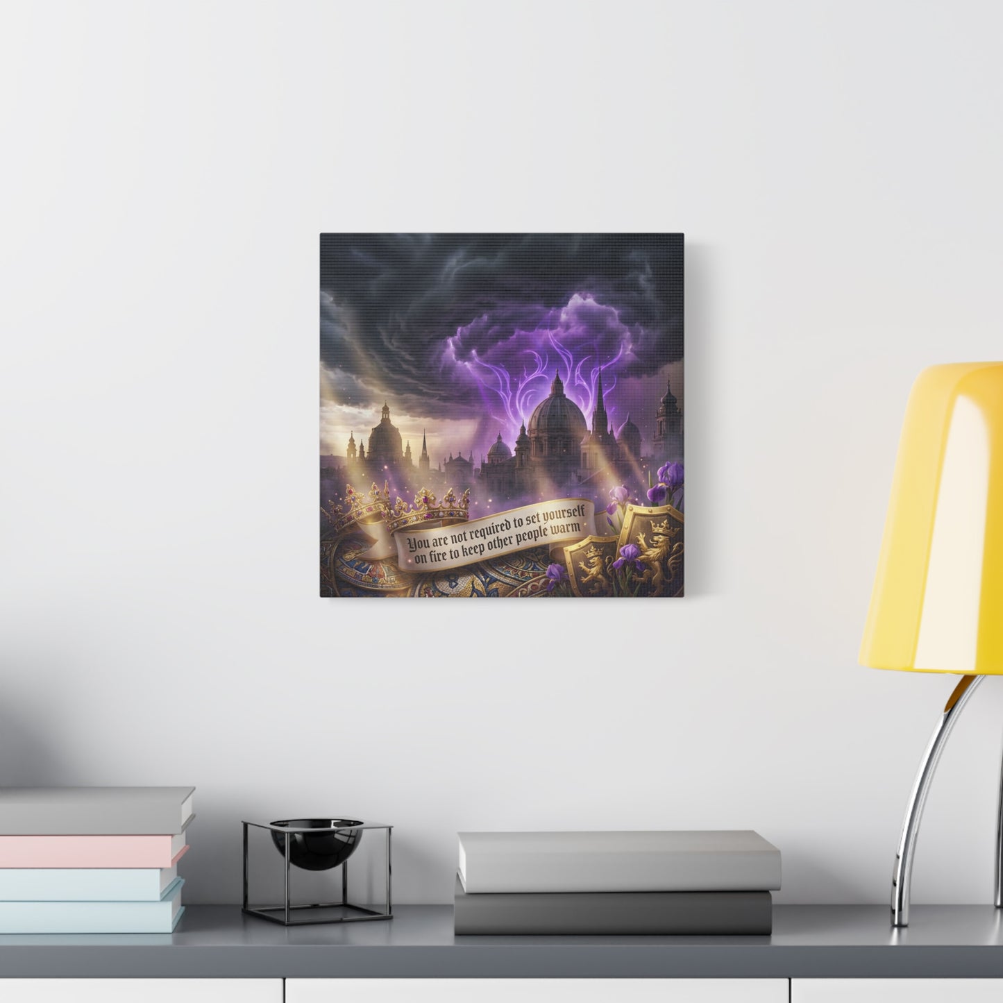 "You Are Not Required To Set Yourself On Fire" Canvas Wall Art - Gothic Castle Quote Decor, Purple Storm Sky, Crown And Iris Fantasy Print - Bedroom Home Decoration, Living Room Accent - Ready to Hang