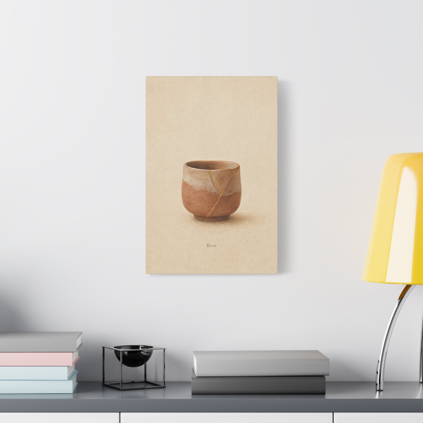 "Rest" Kintsugi Pot Canvas Wall Art - Minimalist Still Life Ceramic Vessel Print - Neutral Beige Brown Japanese Inspired Decor - Bedroom Meditation Space Living Room Home Accent - Office Wall Art