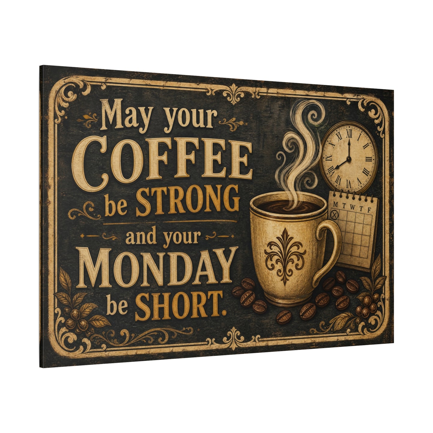 "May Your Coffee Be Strong And Your Monday Be Short" Canvas Wall Art - Vintage Coffee Cup Quote Print, Rustic Decor, Farmhouse Wall Hanging - Ready to Hang - Bistro Decor - Espresso Bar Sign