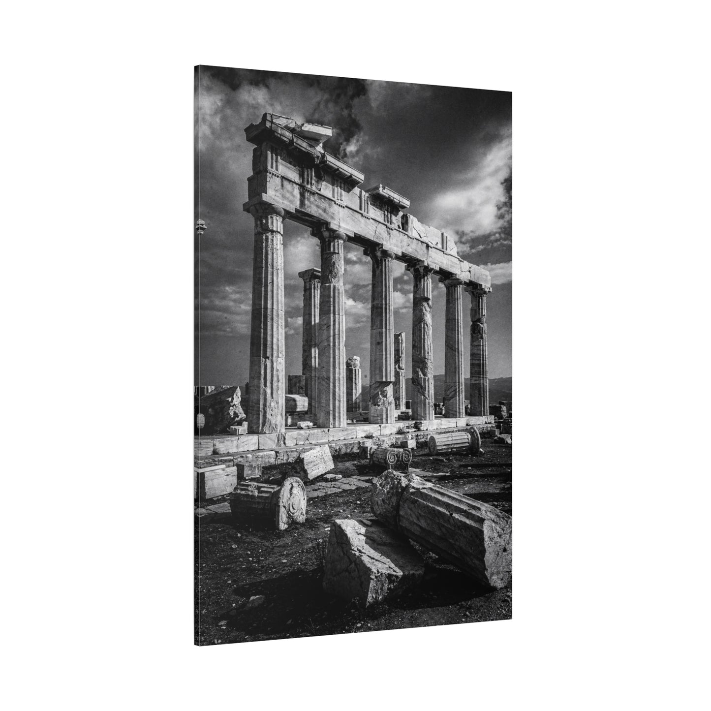 Ancient Greek Temple Ruins Canvas Wall Art - Black And White Architectural Art Print, Dramatic Sky, Vintage Classical Style - Living Room Wall Decor, Office Art Accent - Modern Farmhouse Style