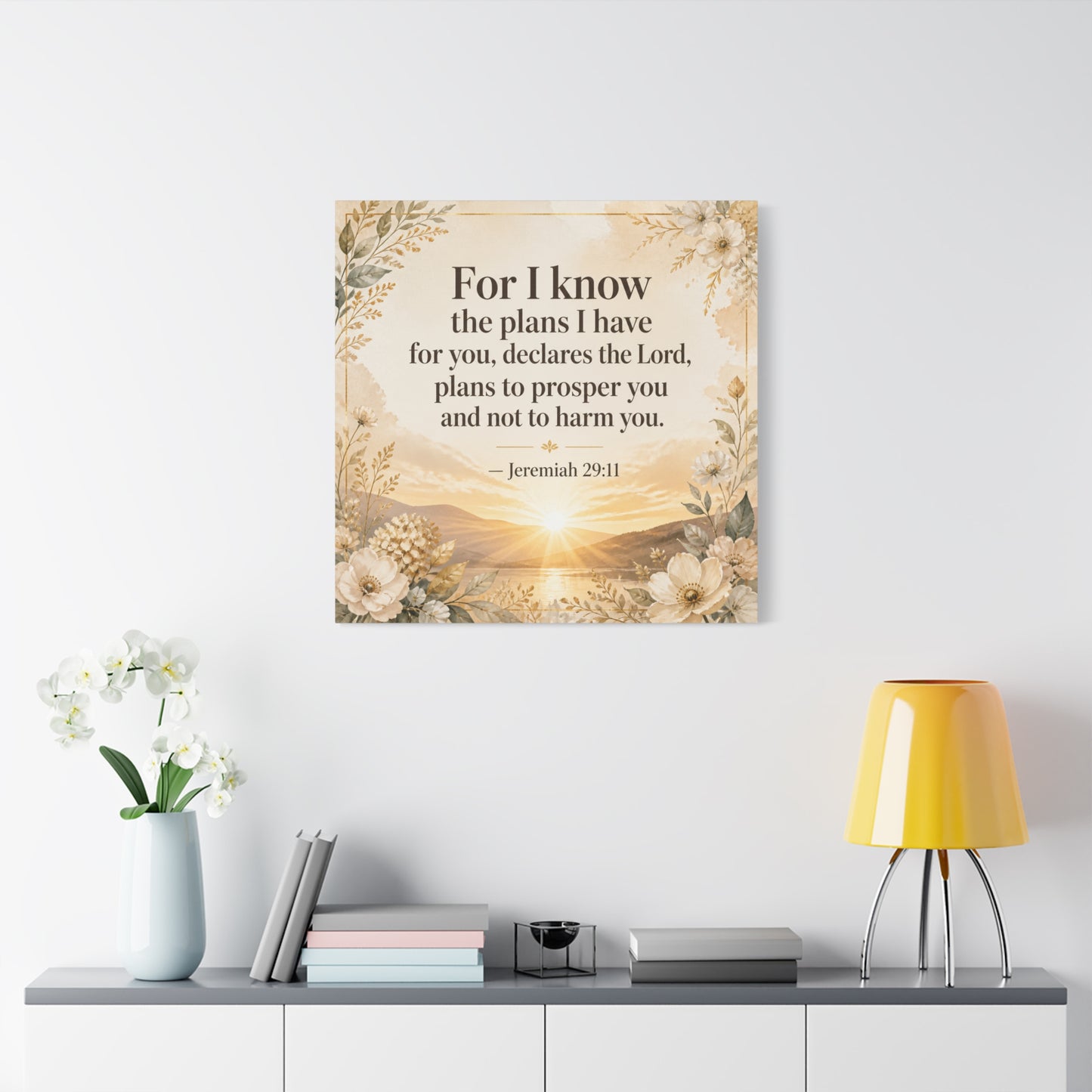 "For I Know The Plans I Have For You" Bible Verse Canvas Wall Art - Jeremiah 29:11 Floral Scripture Print, Gold Sunrise Landscape, Christian Wall Decor For Bedroom, Living Room - Ready to Hang