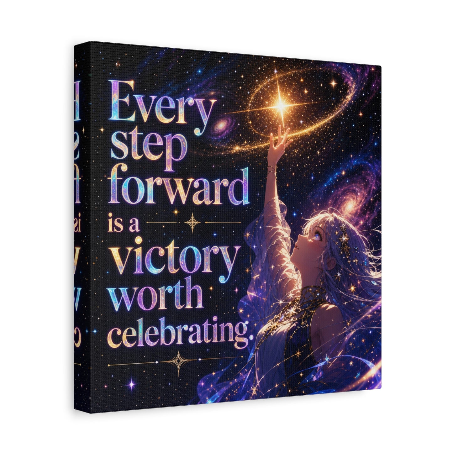 "Every Step Forward Is A Victory Worth Celebrating" Inspirational Canvas Wall Art - Cosmic Anime Girl Galaxy Quote Print - Celestial Purple Blue Decor - Bedroom Home Decoration - Office Wall Art