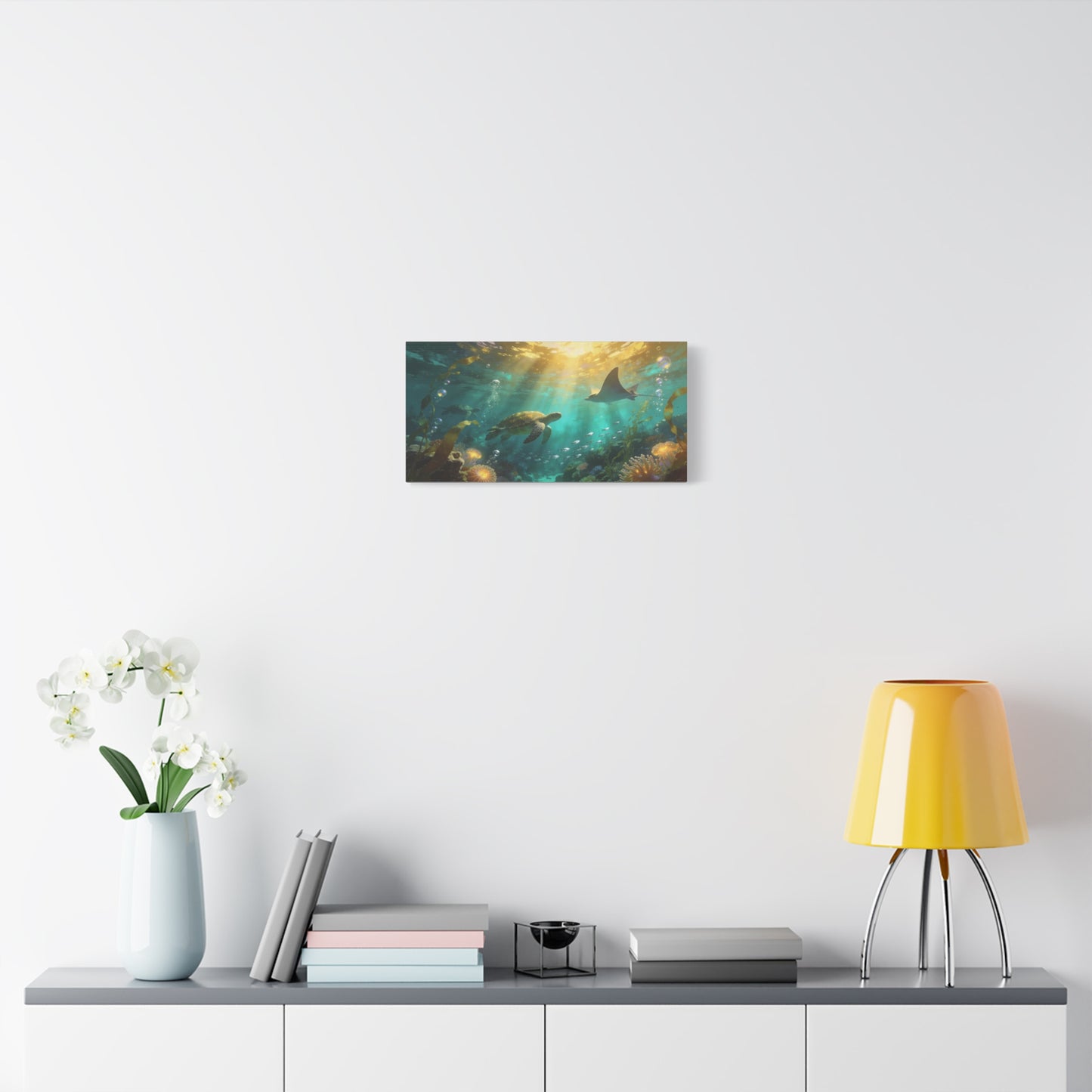 Sea Turtle And Stingray Canvas Wall Art - Sunlit Underwater Ocean Scene, Coral Reef Marine Life, Matte Cotton Print - Coastal Style, Living Room Wall Decor, Bedroom Home Decoration - Ready to Hang