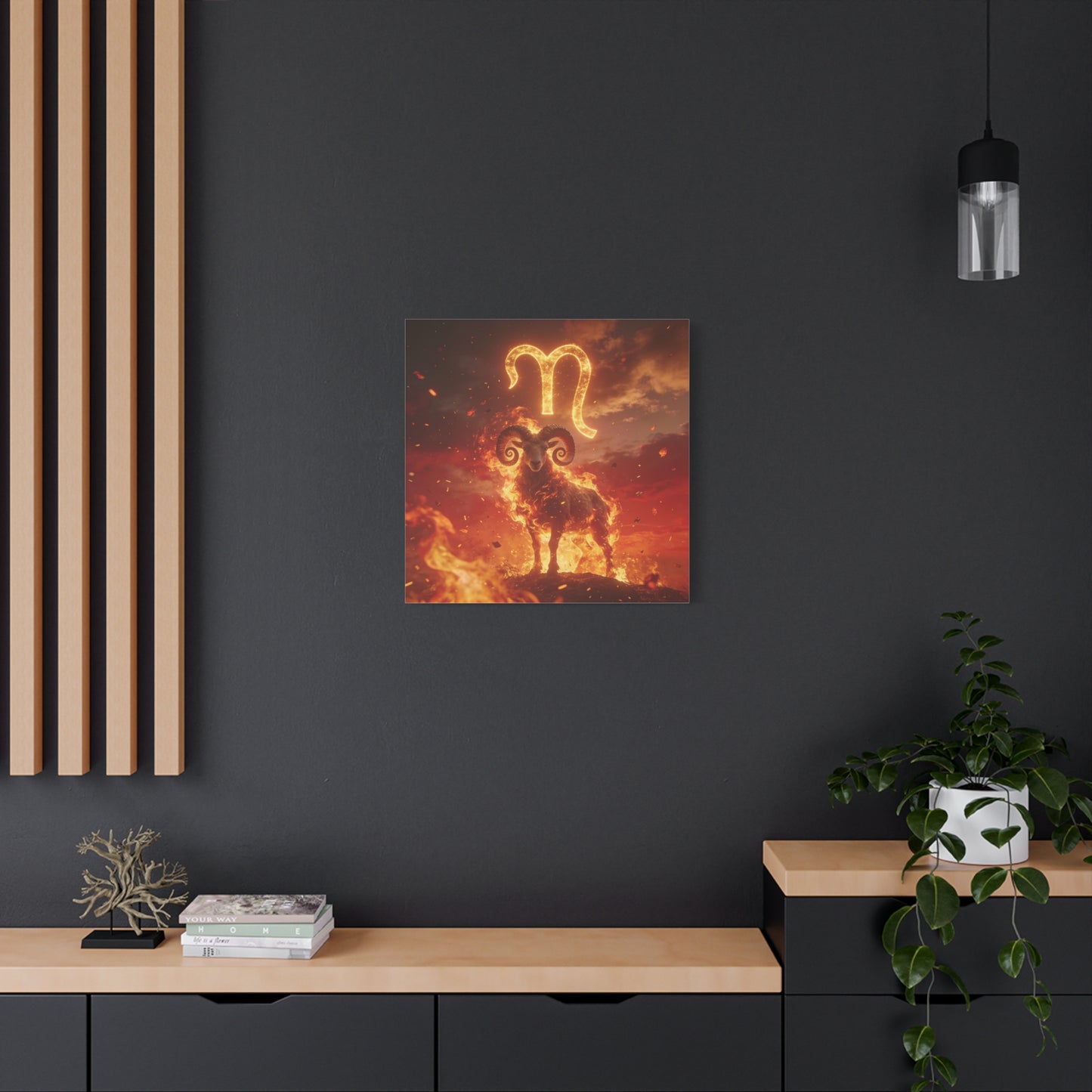 Aries Ram Canvas Wall Art - Fiery Zodiac Symbol Astrology Print, Glowing Horned Sheep Illustration - Matte Canvas Decor - Bedroom Home Decoration, Office Wall Art - Bedroom Home Decoration
