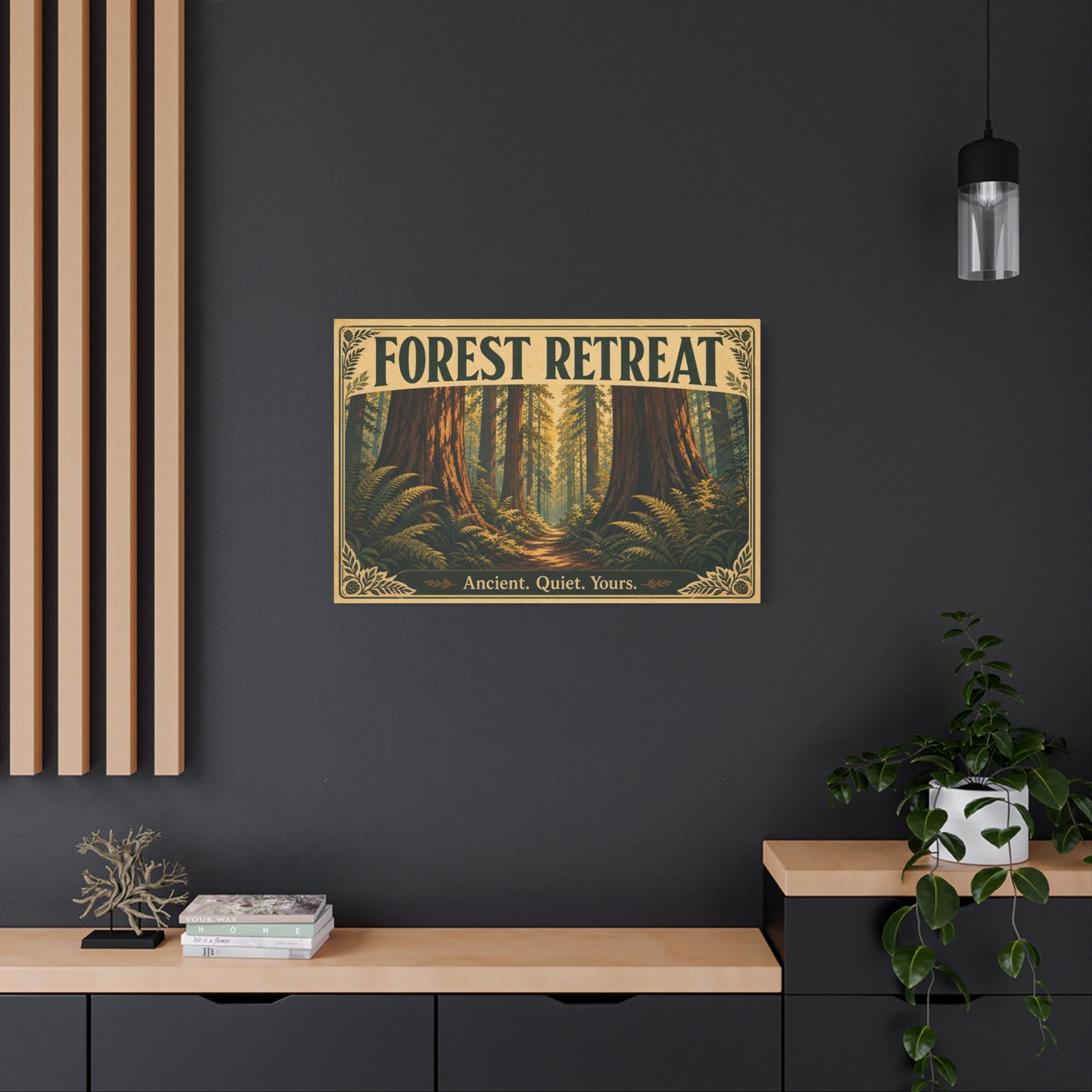 "Forest Retreat" Canvas Wall Art - Vintage Redwood Forest Path Print, Rustic Woodland Home Decor - Ancient. Quiet. Yours. - Cabin Style Living Room Decoration, Bedroom Wall Hanging - Ready to Hang