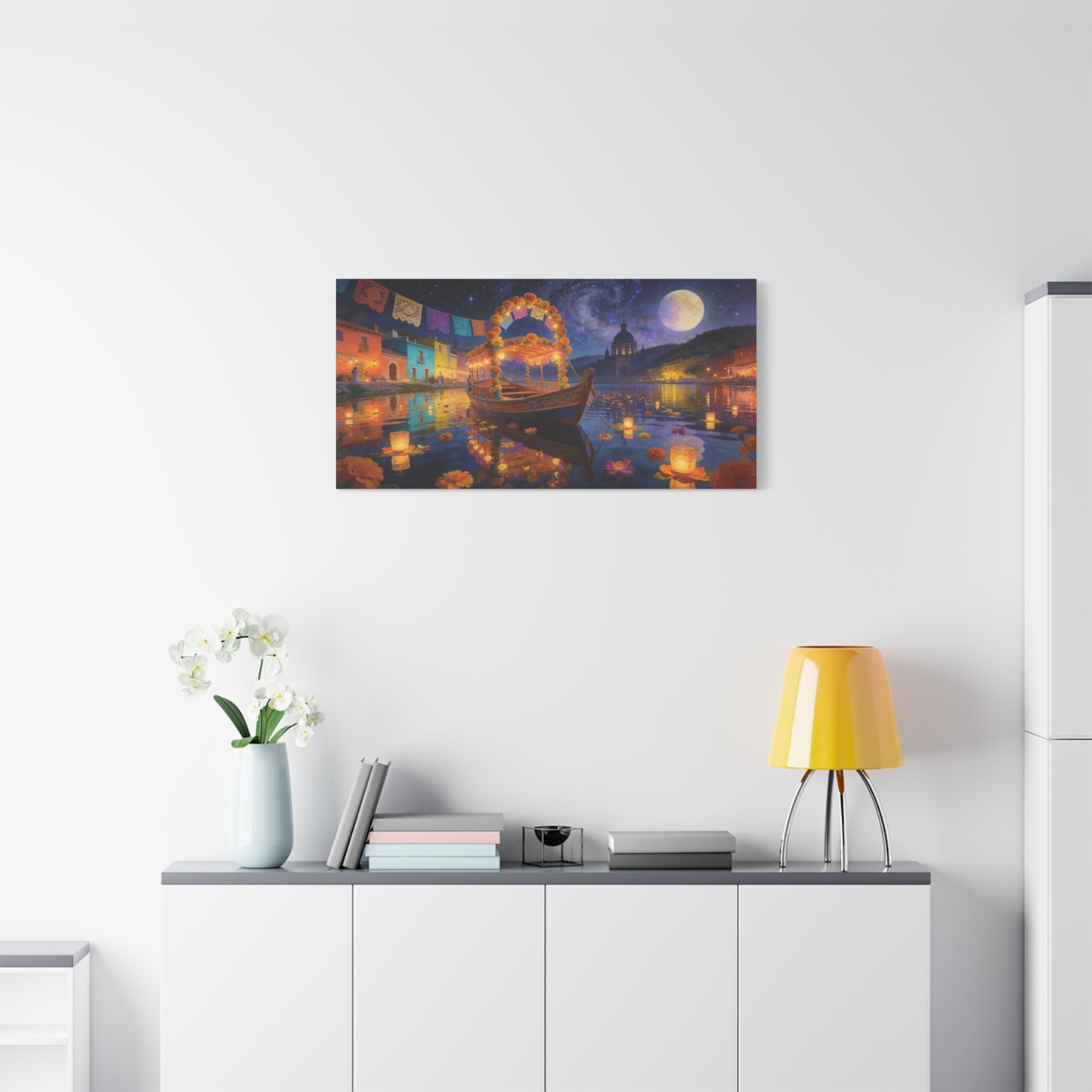Moonlit Marigold Boat Canvas Wall Art - Colorful Festival Lake Scene, Full Moon Night Sky - Matte Cotton Art Print - Bohemian Living Room Wall Decor, Bedroom Home Decoration - Bedroom Home Decoration