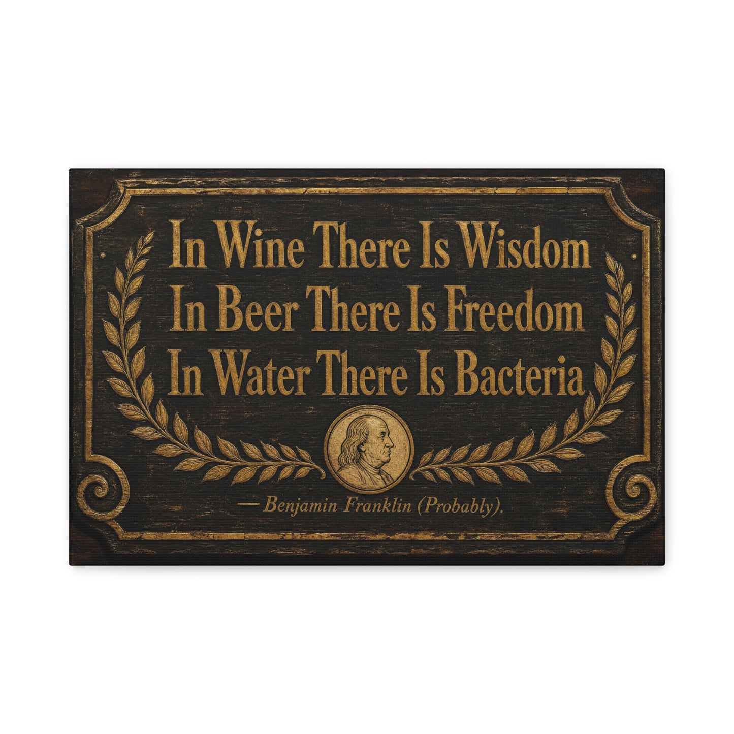 "In Wine There Is Wisdom In Beer There Is Freedom" Canvas Wall Art - Vintage Bar Quote Print, Rustic Tavern Style, Brown Gold Typography Decor, Home Bar - Office Wall Art - Cocktail Lounge Decor