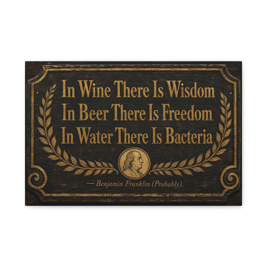 "In Wine There Is Wisdom In Beer There Is Freedom" Canvas Wall Art - Vintage Bar Quote Print, Rustic Tavern Style, Brown Gold Typography Decor, Home Bar - Office Wall Art - Cocktail Lounge Decor