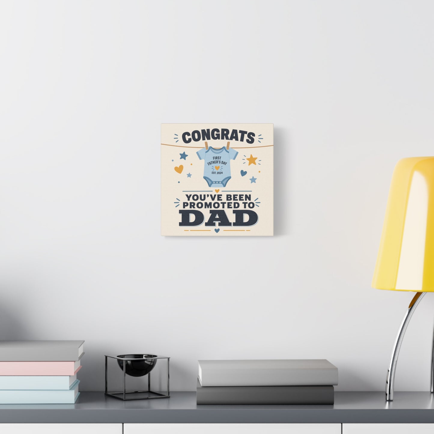 "Congrats You've Been Promoted To Dad" Canvas Wall Art - Baby Onesie Quote Print, Blue And Gold Typography Decor - Nursery Bedroom Wall Hanging - Bedroom Home Decoration - Modern Farmhouse Style