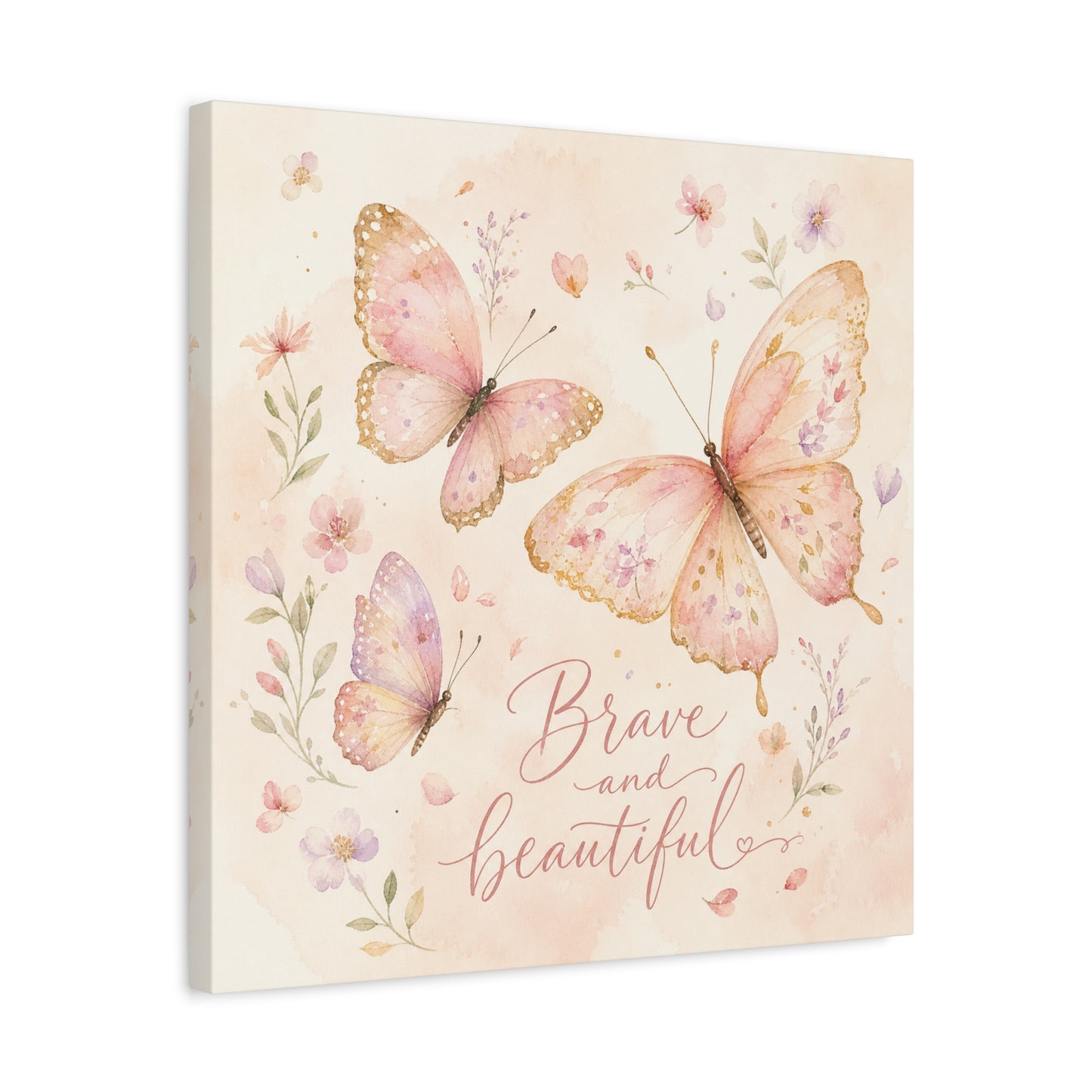 "Brave And Beautiful" Butterfly Canvas Wall Art - Pink Floral Watercolor Quote Print - Inspirational Girls Bedroom Decor - Nursery Wall Hanging - Bedroom Home Decoration - Modern Farmhouse Style
