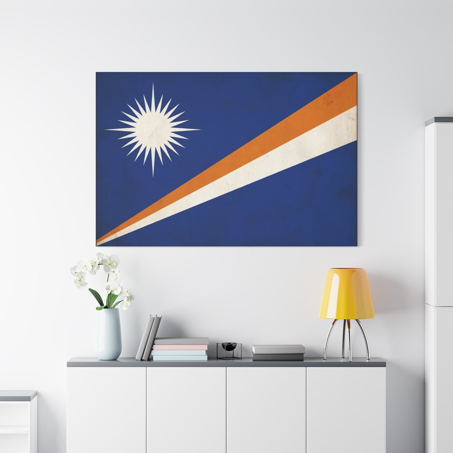 Marshall Islands Flag Canvas Wall Art - Blue Field, White Starburst, Orange Stripe - Vintage Patriotic Print - Coastal Island Decor For Living Room, Office Wall Display Accent - Modern Farmhouse Style
