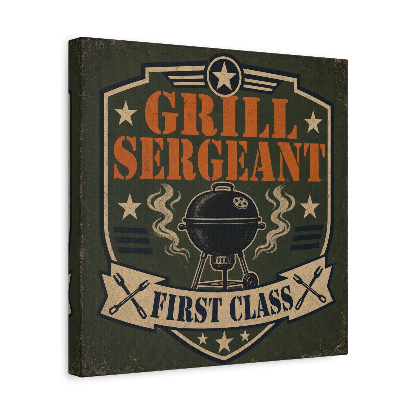 "Grill Sergeant First Class" BBQ Canvas Wall Art - Vintage Grill Badge Sign, Rustic Patriotic Kitchen Decor, Retro Barbecue Poster Style, Man Cave Wall Decor - Ready to Hang - Bedroom Home Decoration