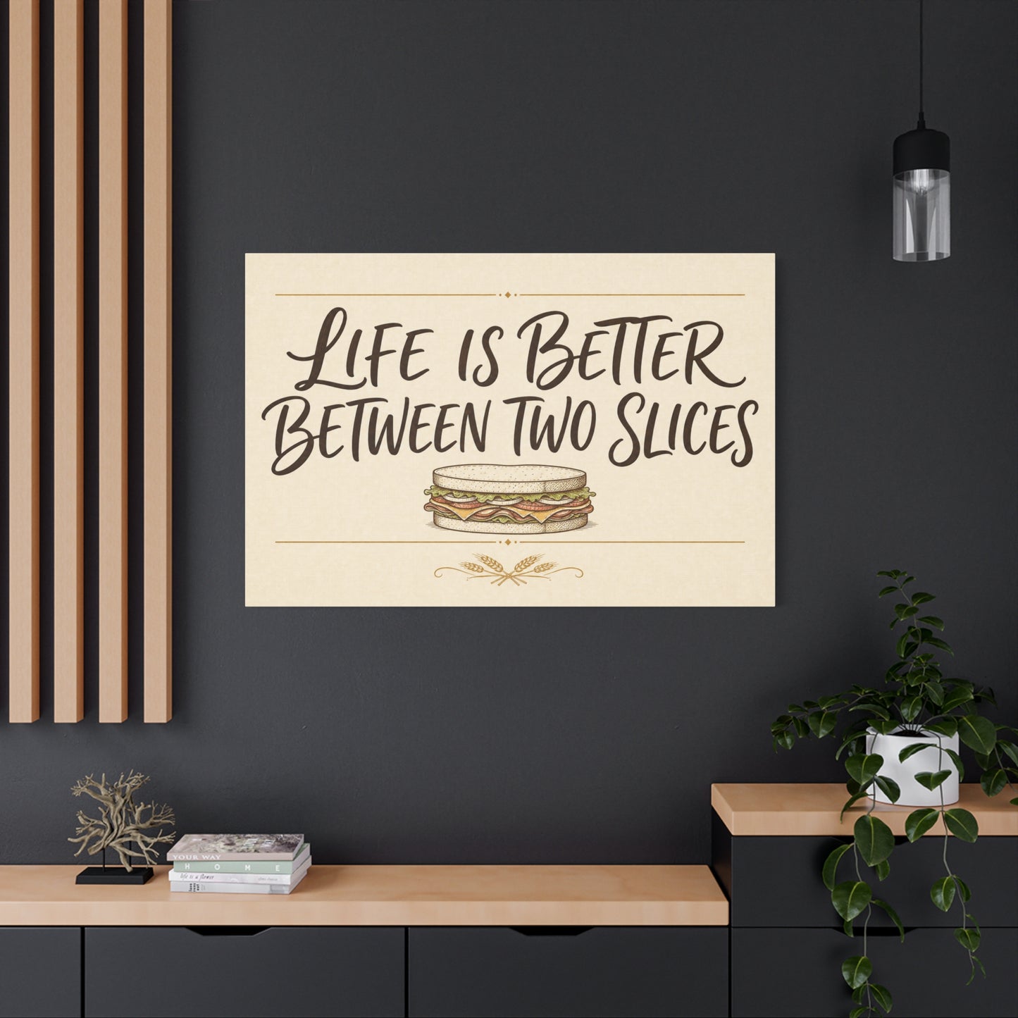 "Life Is Better Between Two Slices" Sandwich Canvas Wall Art - Funny Quote Print, Vintage Farmhouse Style, Beige Food Illustration - Ready to Hang - Ready to Hang - Deli Wall Decor - Diner Decor