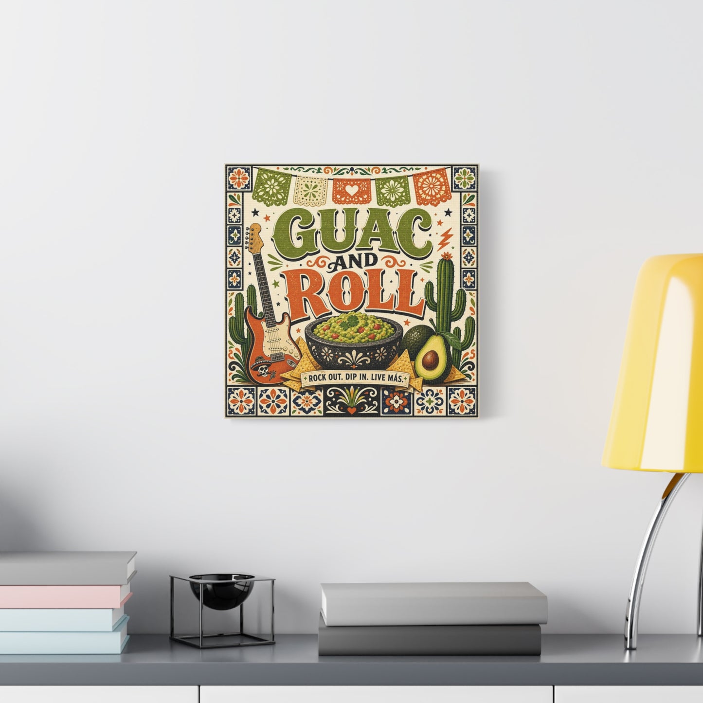"Guac And Roll" Typography Canvas Wall Art - Fiesta Guitar, Cactus, Avocado Folk Illustration - Bohemian Rustic Style - Kitchen Wall Decor, Dining Room Accent, Cafe Wall Decor - Modern Farmhouse Style