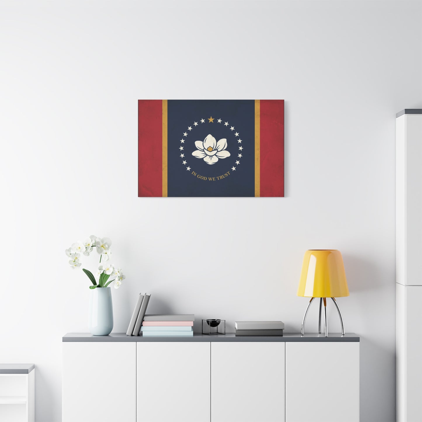 "In God We Trust" Mississippi State Flag Canvas Wall Art - Magnolia Emblem, Vintage Patriotic Decor - Rustic Americana Style - Living Room Wall Decor - Ready to Hang - Bedroom Home Decoration