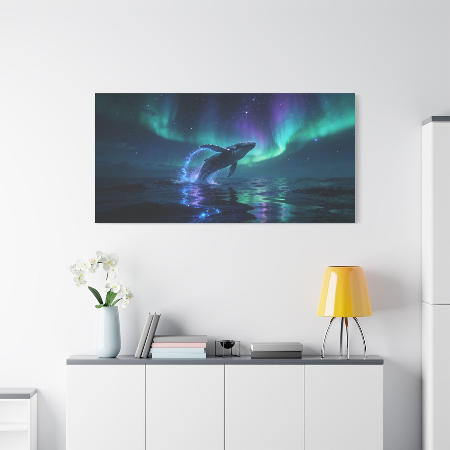 Humpback Whale Canvas Wall Art - Aurora Borealis Ocean Night Scene, Celestial Wildlife Canvas Print - Contemporary Fantasy Style - Living Room Wall Decor, Bedroom Home Accent - Bedroom Home Decoration