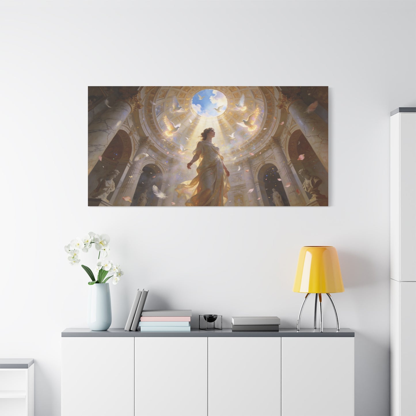 Virgin Mary Canvas Wall Art - Heavenly Doves, Cathedral Dome Light - Matte Cotton Art Print - Traditional Religious Style - Bedroom Wall Decor, Meditation Space Accent - Bedroom Home Decoration