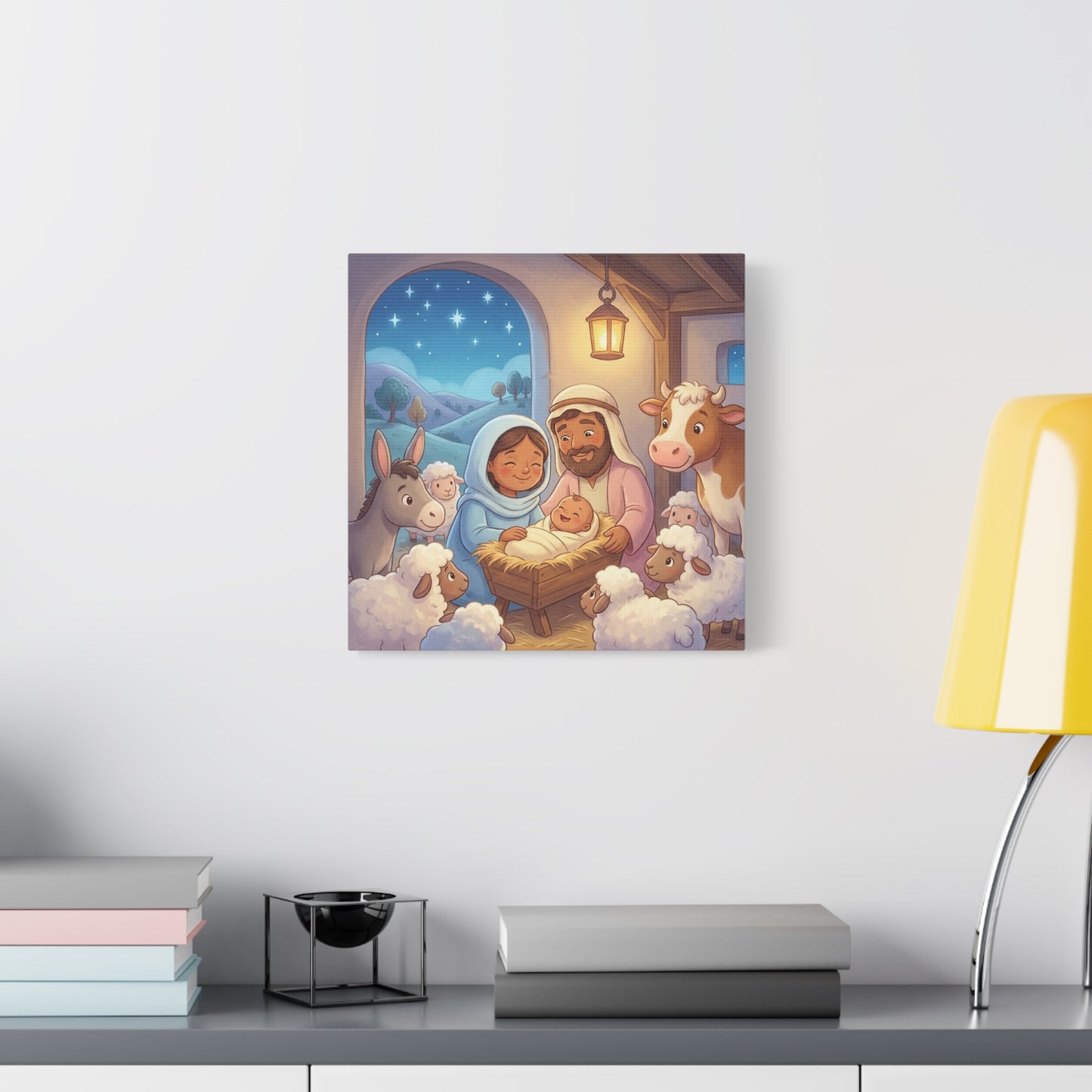 Holy Family Nativity Canvas Wall Art - Baby Jesus, Mary And Joseph Nursery Decor - Starry Stable Christian Home Decoration - Matte Canvas Print For Bedroom, Living Room - Ready to Hang - Ready to Hang