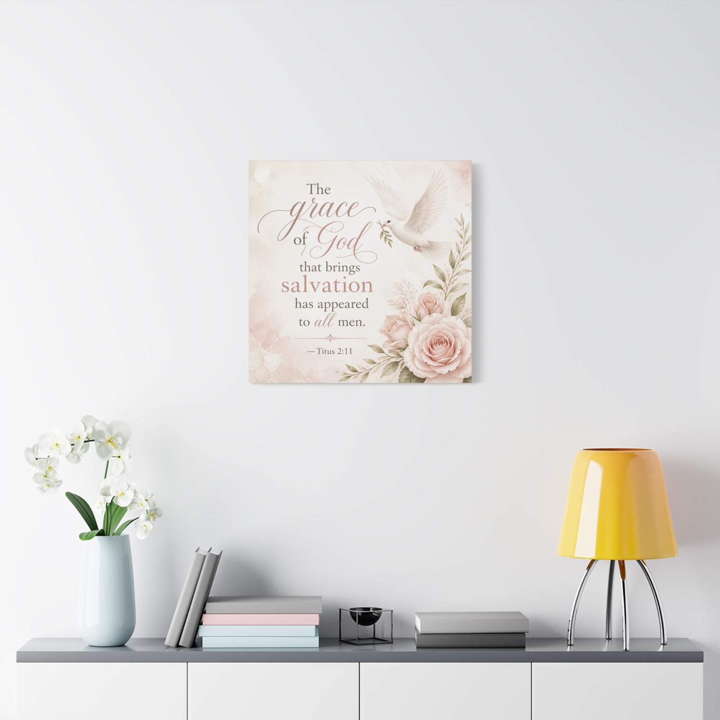 "The Grace Of God That Brings Salvation Has Appeared To All Men" Canvas Wall Art - Dove, Roses, Titus 2:11 Scripture Print - Blush Floral Christian Decor - Bedroom Living Room Accent - Office Wall Art