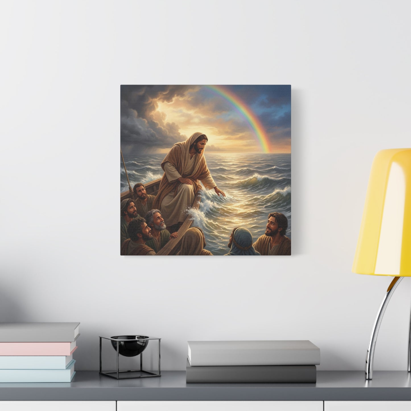 Jesus Christ Walking On Water Canvas Wall Art - Rainbow Over Stormy Sea, Disciples In Boat - Matte Cotton Print - Traditional Religious Style - Living Room Wall Decor - Bedroom Home Decoration