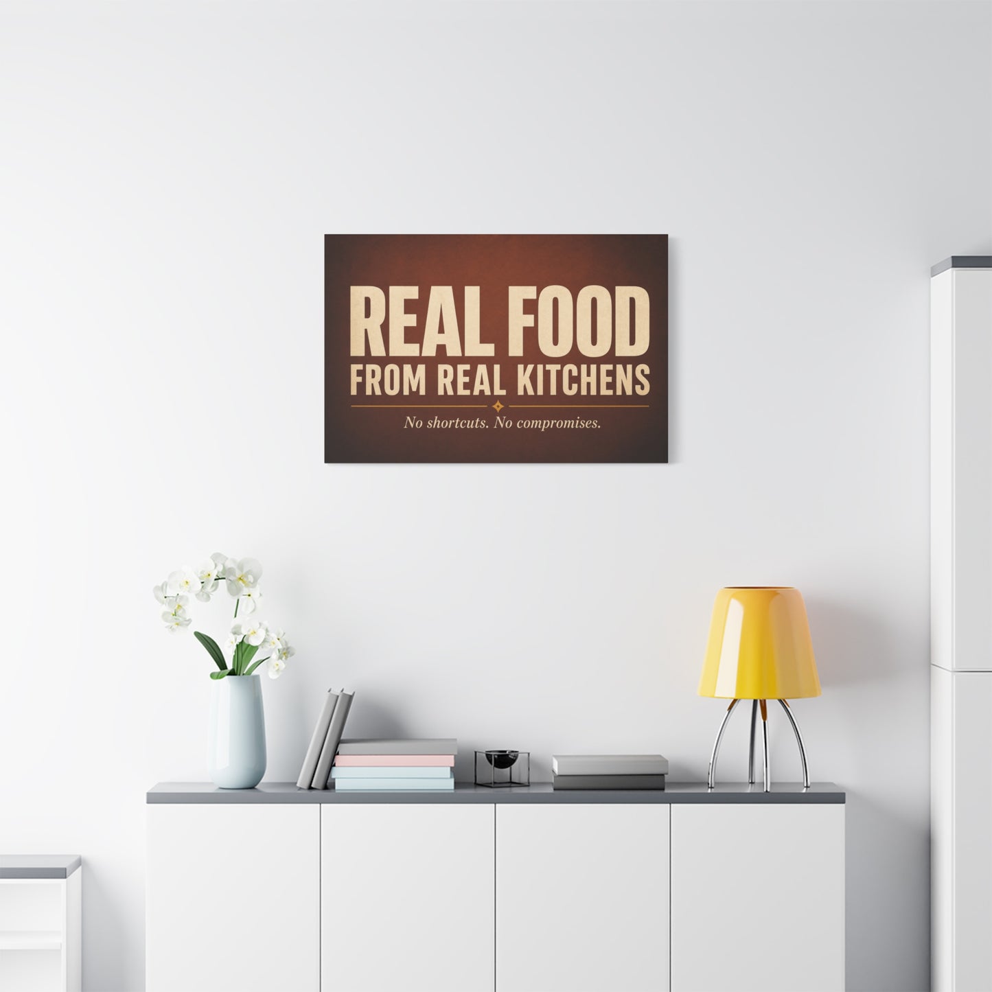 "Real Food From Real Kitchens" Typography Canvas Wall Art - Rustic Kitchen Quote Decor, Vintage Brown Minimalist Sign - Farmhouse Dining Room Decoration - Living Room Wall Decor - Ready to Hang