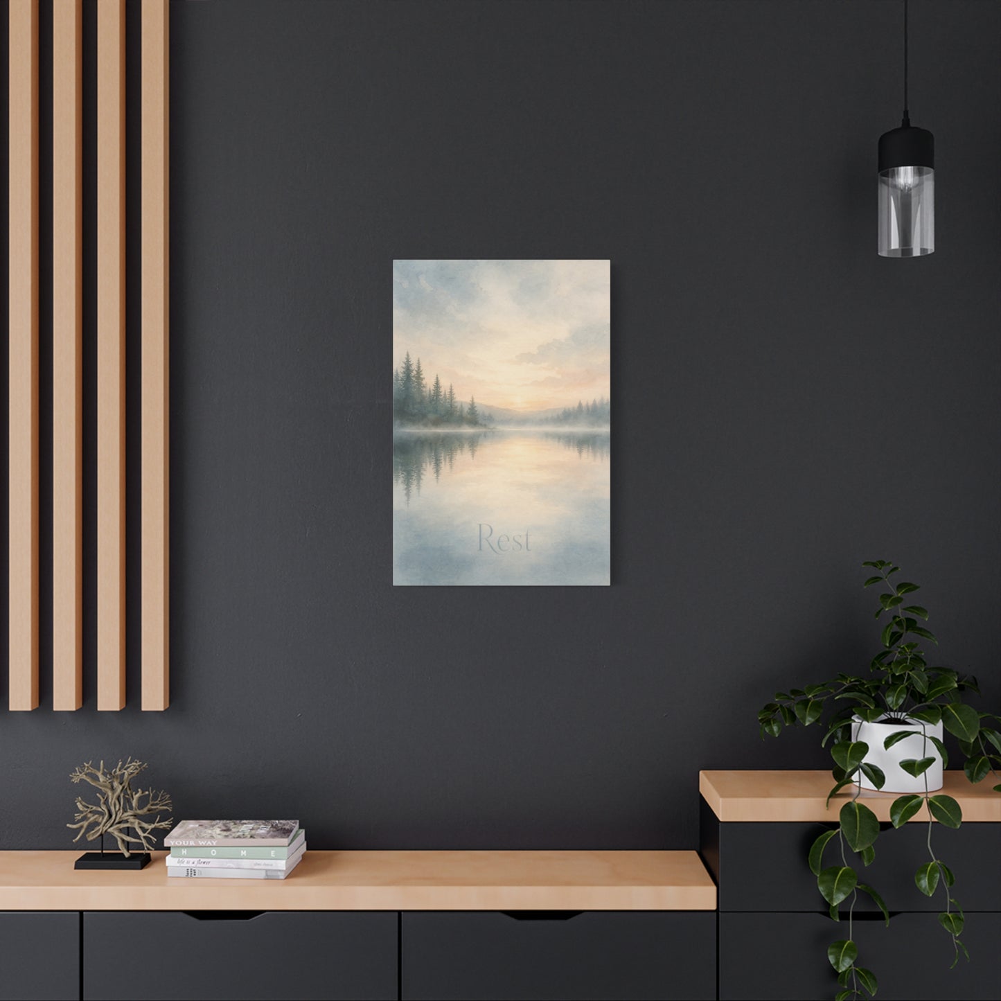 "Rest" Misty Lake Canvas Wall Art - Pine Forest Sunrise Reflection Print - Serene Landscape Home Decor, Bedroom Wall Hanging, Minimalist Nature Artwork, Meditation Space Accent - Ready to Hang