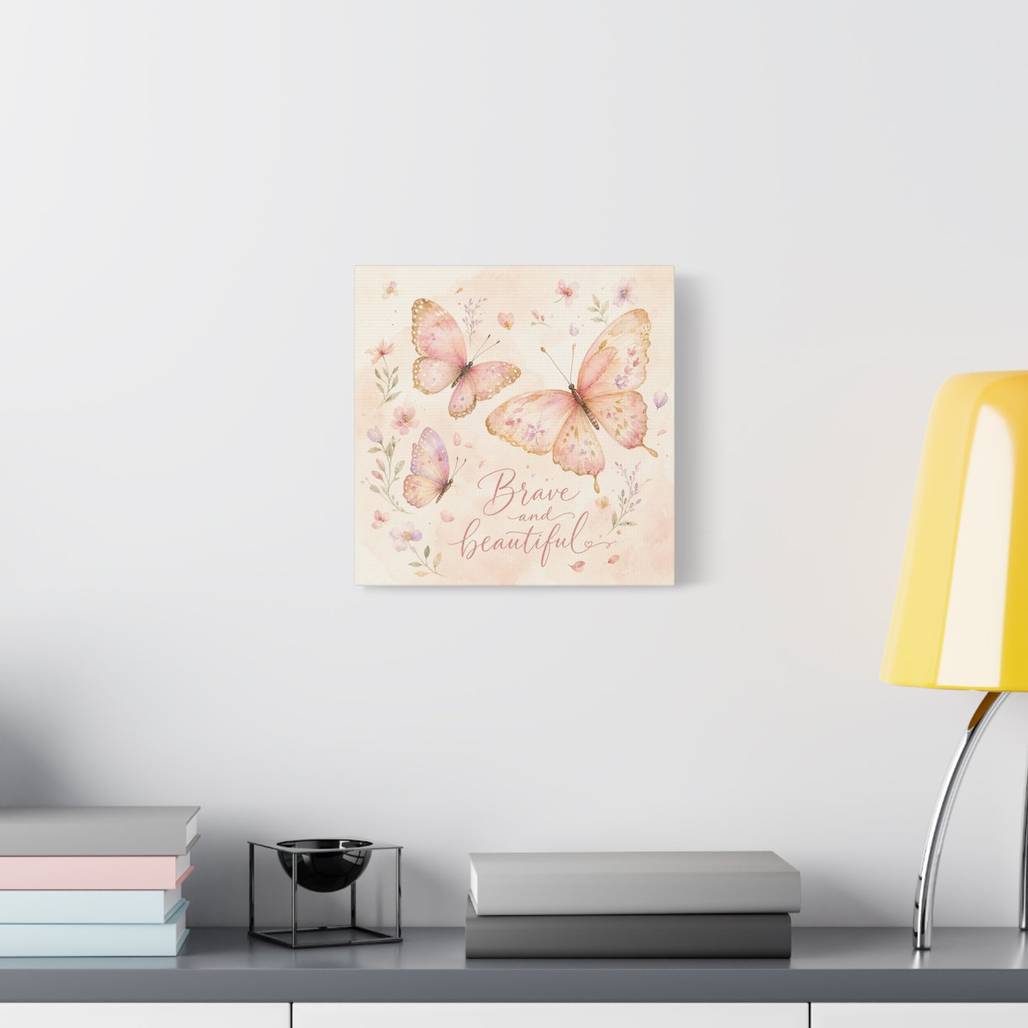 "Brave And Beautiful" Butterfly Canvas Wall Art - Pink Floral Watercolor Quote Print - Inspirational Girls Bedroom Decor - Nursery Wall Hanging - Bedroom Home Decoration - Modern Farmhouse Style
