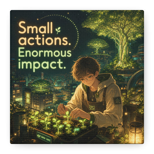 "Small Actions. Enormous Impact." Inspirational Canvas Wall Art - Anime Boy Gardening Cityscape - Glowing Green Night Illustration - Bedroom Home Decoration, Home Office Decor - Living Room Wall Decor