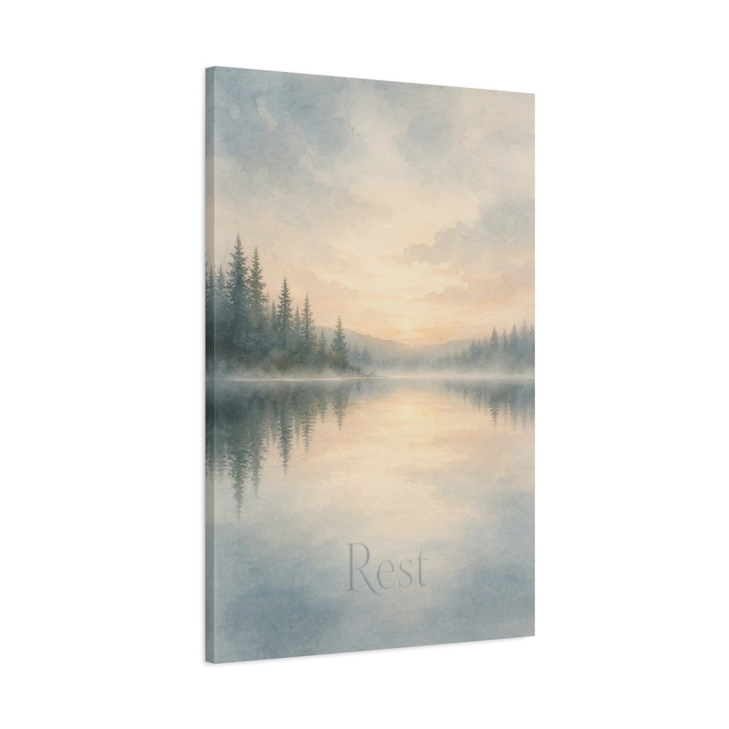 "Rest" Misty Lake Canvas Wall Art - Pine Forest Sunrise Reflection Print - Serene Landscape Home Decor, Bedroom Wall Hanging, Minimalist Nature Artwork, Meditation Space Accent - Ready to Hang