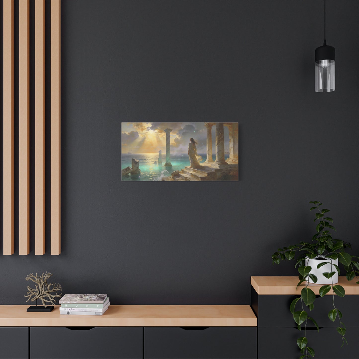 Seaside Ruins Canvas Wall Art - Woman In Flowing Gown, Sunbeams Over Ancient Columns - Luminous Coastal Painting - Living Room Wall Decor, Bedroom Home Decoration, Office Art - Bedroom Home Decoration