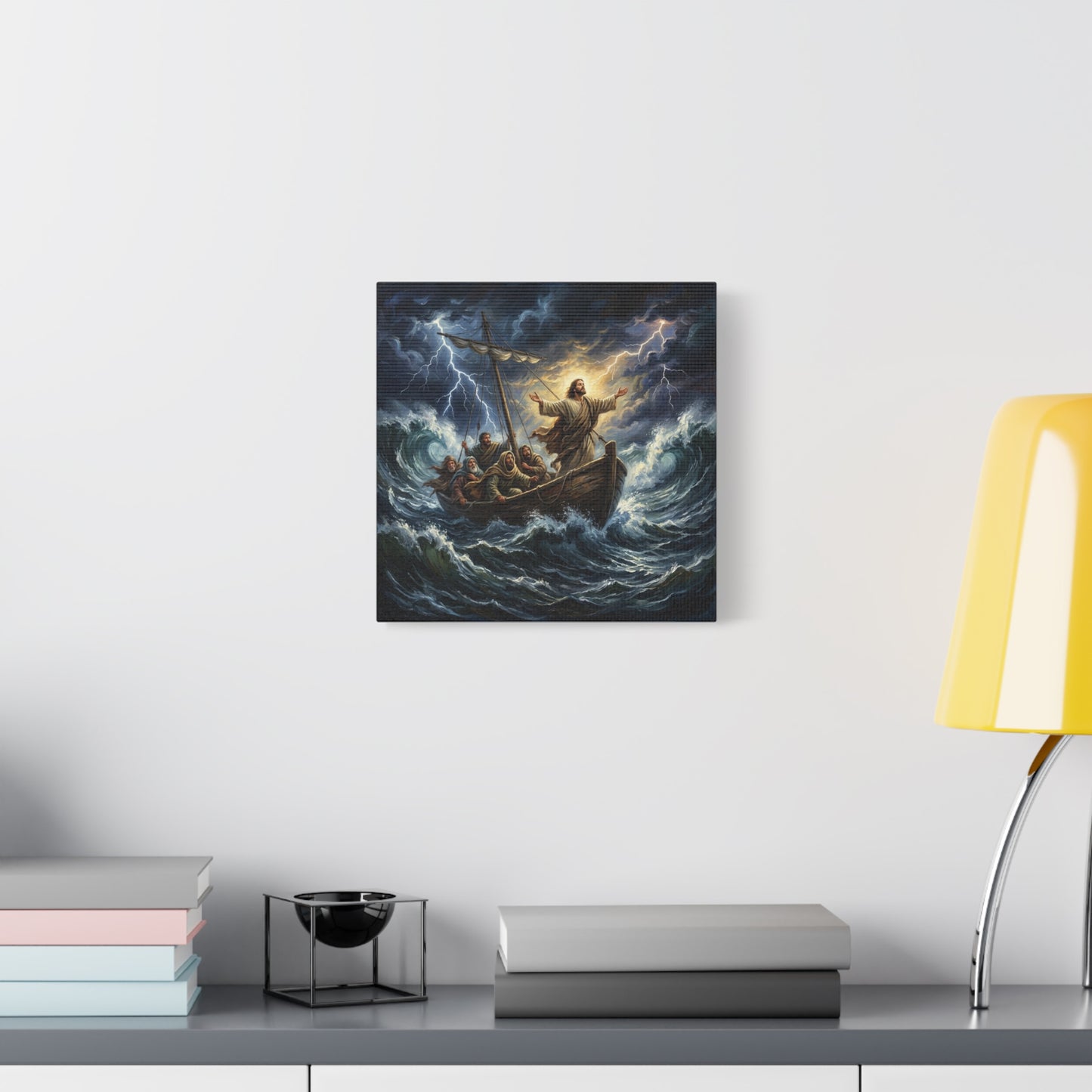 Jesus Calming The Storm Canvas Wall Art - Bible Boat Sea Scene, Dramatic Lightning Waves - Cotton Matte Print - Traditional Religious Decor For Living Room Office Bedroom - Living Room Wall Decor