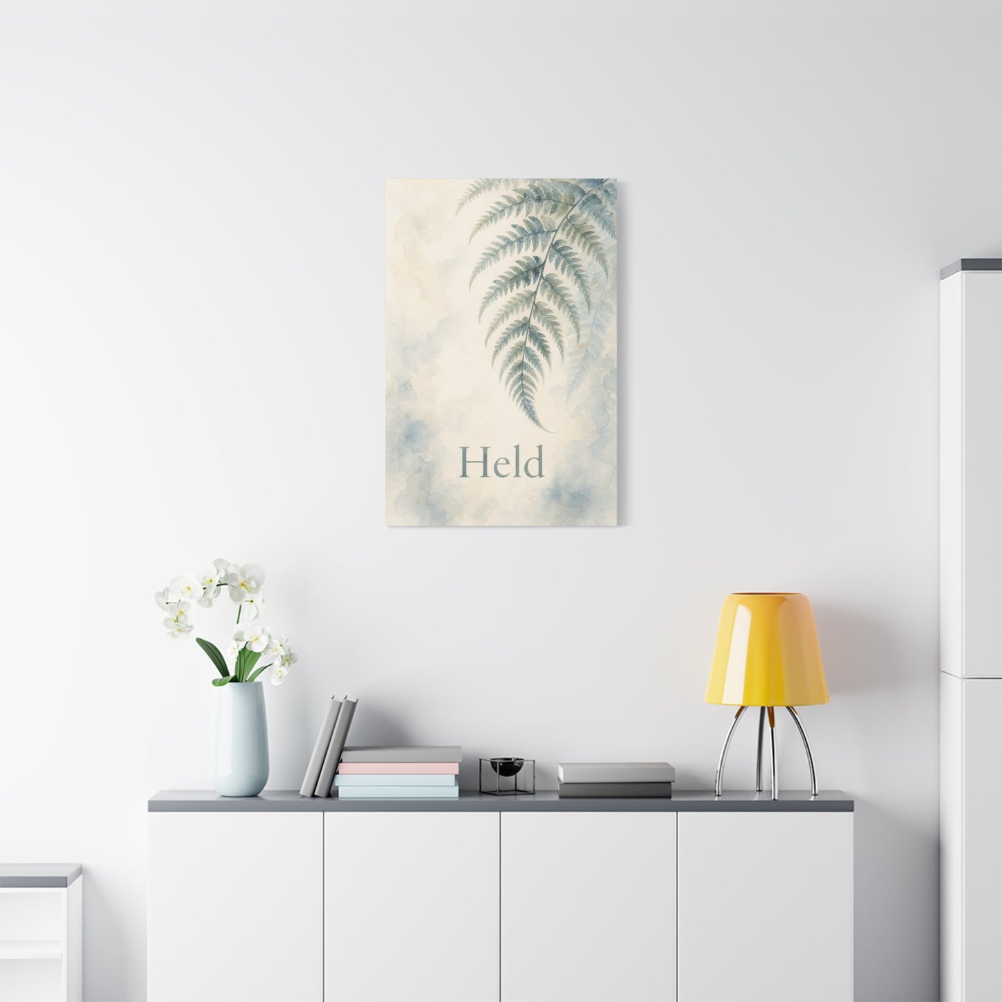 "Held" Fern Botanical Canvas Wall Art - Watercolor Leaf Print, Calming Bedroom Wall Decor, Minimalist Blue Green Nature Home Decoration, Meditation Space Accent - Ready to Hang - Cozy Reading Nook Art