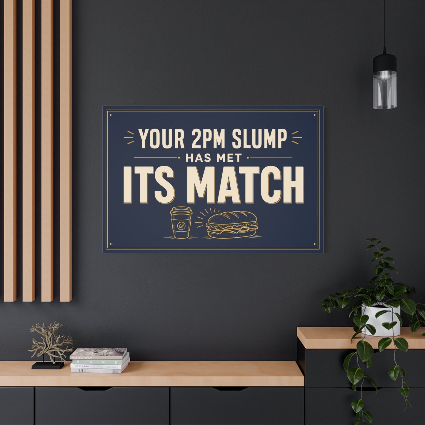 "Your 2PM Slump Has Met Its Match" Funny Canvas Wall Art - Coffee And Sandwich Typography Print - Navy Gold Retro Office Decor - Break Room Wall Hanging - Ready to Hang - Coffee Shop Decor