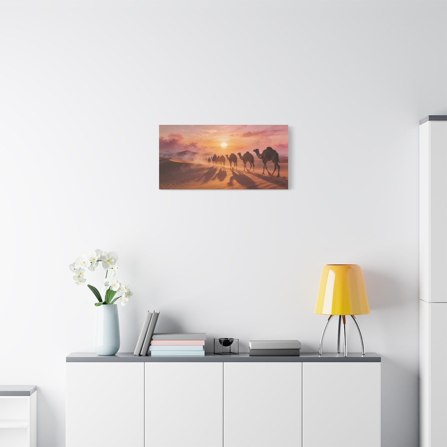 Desert Camel Caravan Canvas Wall Art - Sunset Sand Dunes, Golden Horizon, Matte Finish Canvas Print - Contemporary Landscape Style - Living Room Wall Decor, Bedroom Home Decoration - Ready to Hang