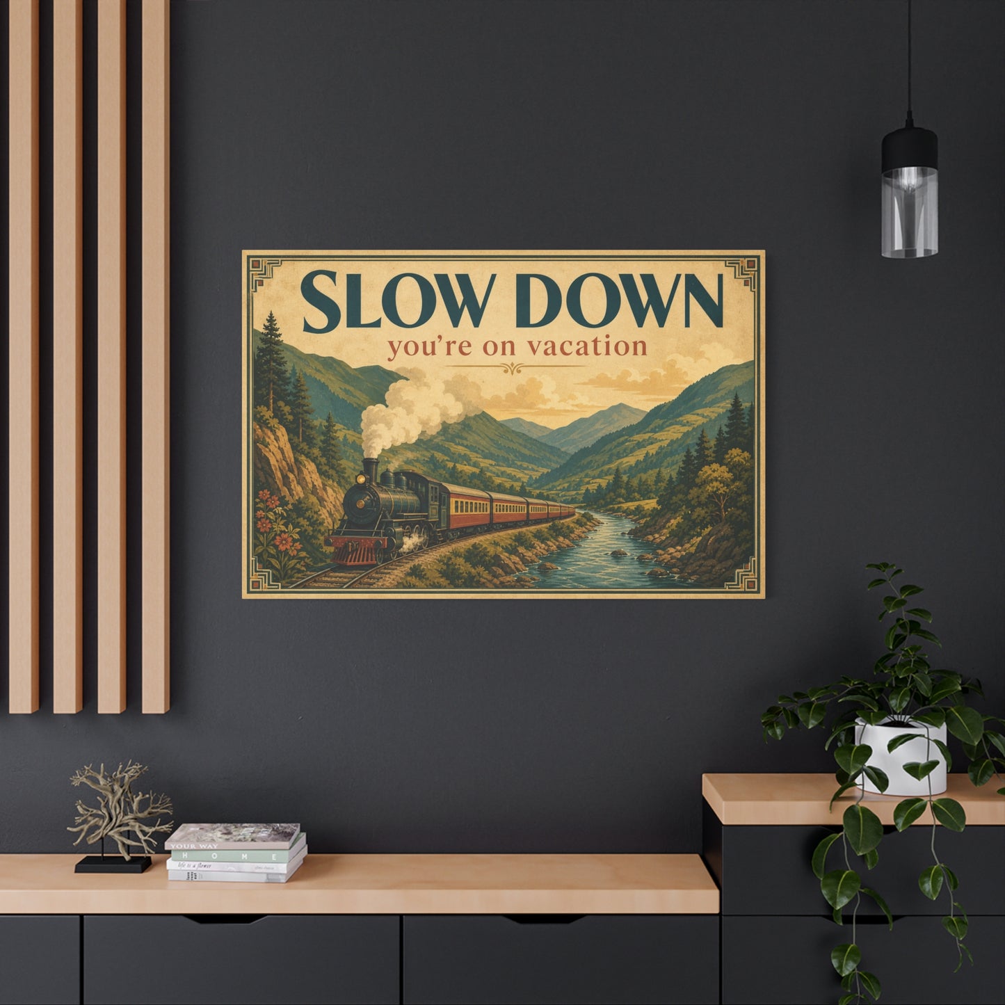 "Slow Down You're On Vacation" Vintage Train Canvas Wall Art - Mountain River Travel Poster Style, Retro Landscape Home Decor - Rustic Cabin Living Room Decoration, Vacation Rental Accent