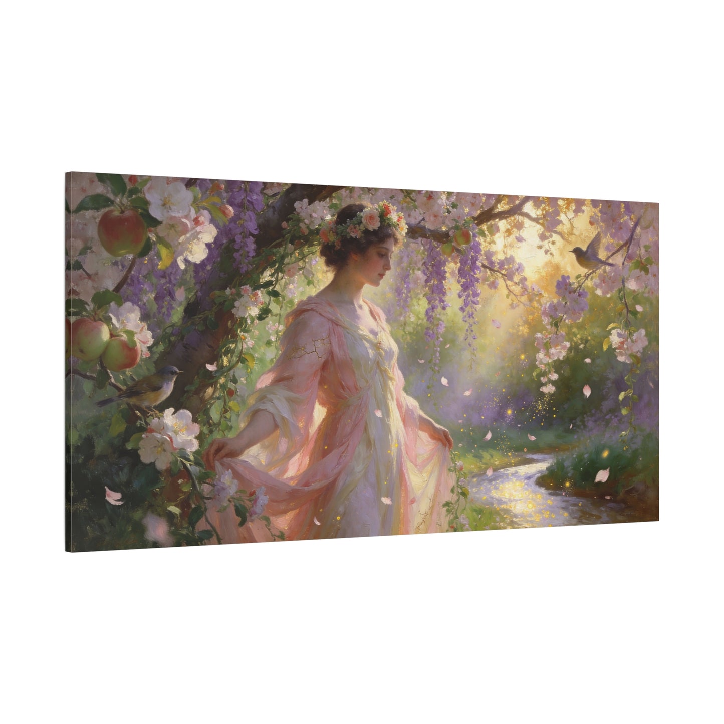 Romantic Garden Maiden Canvas Wall Art - Floral Orchard Figure, Wisteria Blossoms, Songbirds - Impressionist Cotton Canvas Print - Vintage Style Living Room Wall Decor Bedroom Accent - Ready to Hang