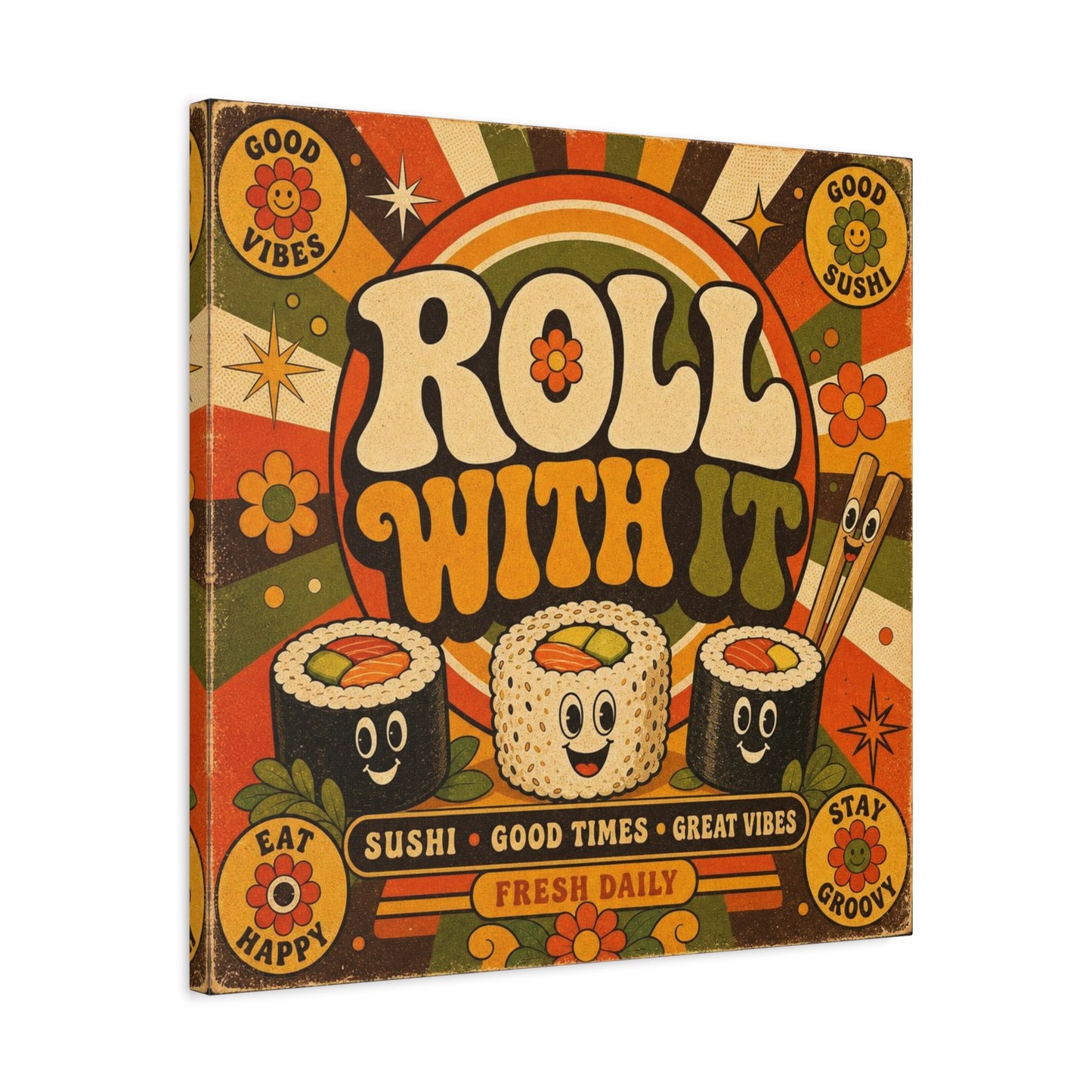"Roll With It" Sushi Canvas Wall Art - Retro Typography Food Illustration, Groovy Orange Green Bohemian Print, Cafe Wall Decor, Kitchen Room Decoration, Vintage Poster Style - Bedroom Home Decoration