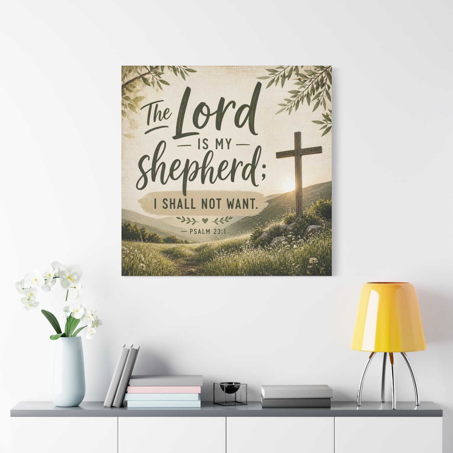 "The Lord Is My Shepherd, I Shall Not Want. - Psalm 23:1" Christian Canvas Wall Art - Rustic Cross Meadow Landscape, Farmhouse Scripture Decor, Bedroom Living Room Wall Hanging - Ready to Hang
