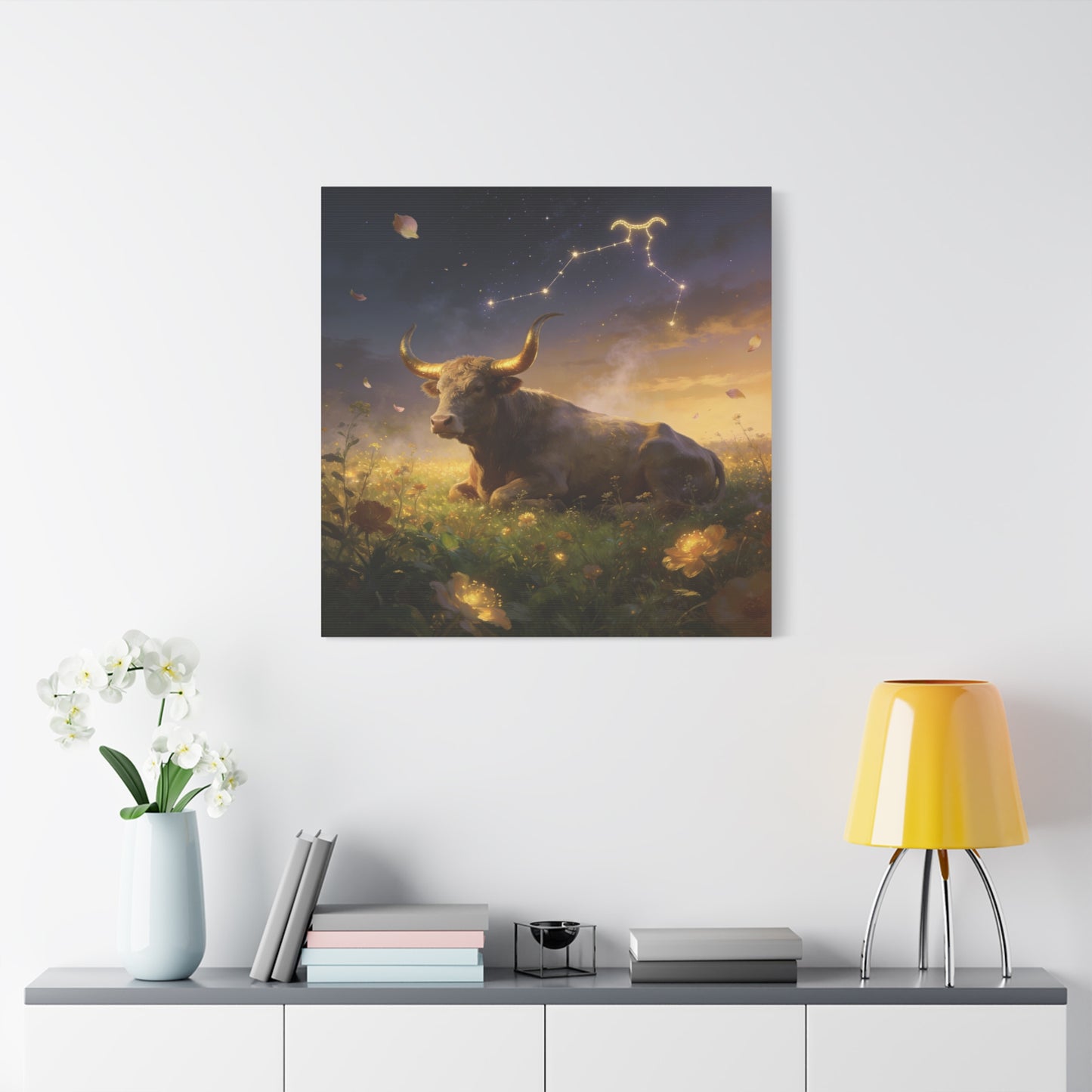 Taurus Zodiac Bull Canvas Wall Art - Celestial Constellation Night Meadow, Golden Horns, Dreamy Illustration - Matte Cotton Print - Bedroom Home Decoration, Office Wall Decor - Bedroom Home Decoration