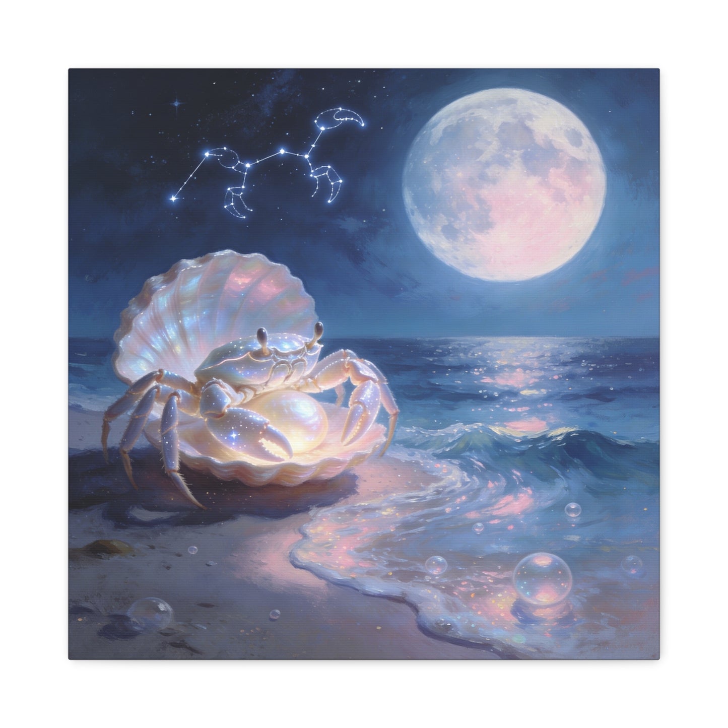Moonlit Crab Canvas Wall Art - Zodiac Cancer Seascape, Pearl Shell Ocean Night Decor - Dreamy Coastal Illustration, capiz shells wall decor, Bedroom Home Decoration - Bedroom Home Decoration