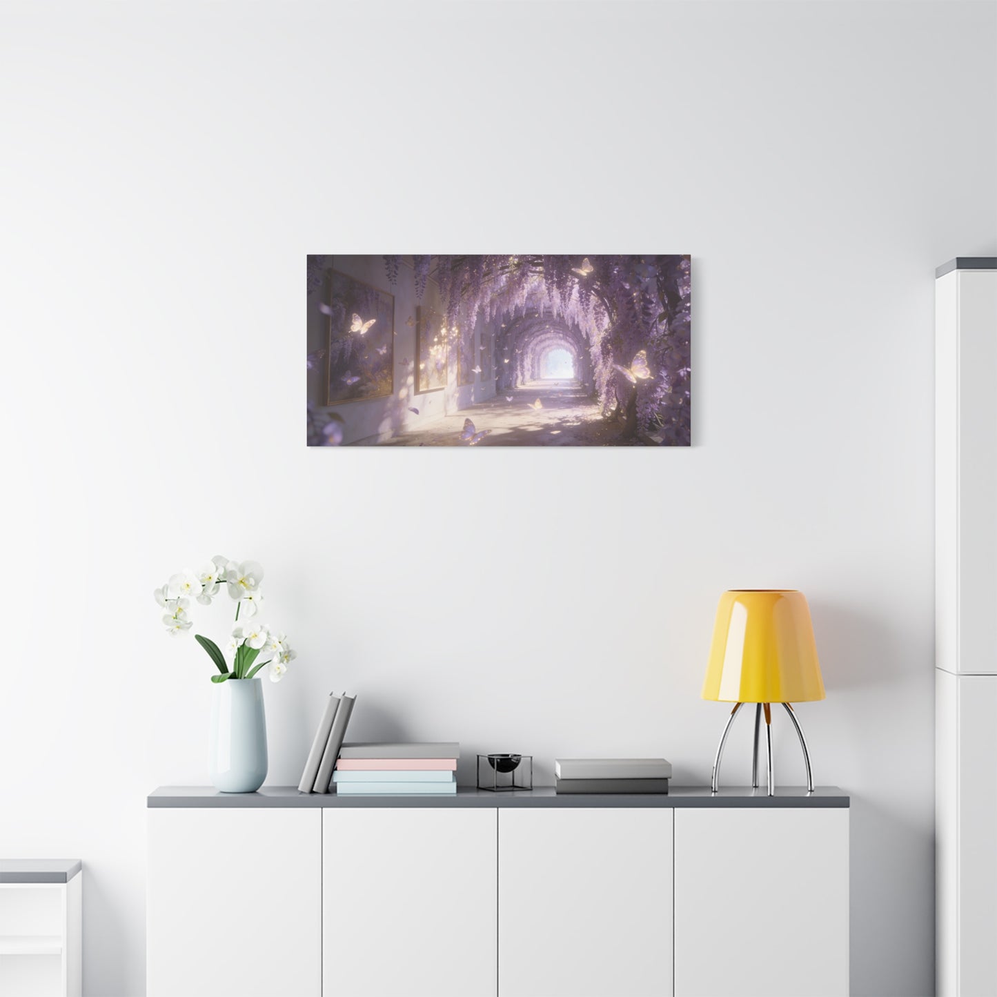 Wisteria Butterfly Canvas Wall Art - Dreamy Floral Tunnel Illustration, Lavender Glow, Matte Cotton Print - Contemporary Fantasy Style - Bedroom Wall Decor, Living Room Home Accent - Ready to Hang