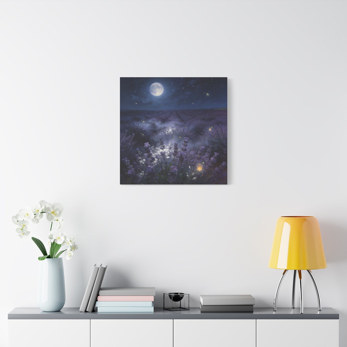 Moonlit Lavender Field Canvas Wall Art - Firefly Night Landscape, capiz shells wall decor - Matte Cotton Art Print, Calming Traditional Style - Bedroom Home Decoration, Office Wall Art - Ready to Hang